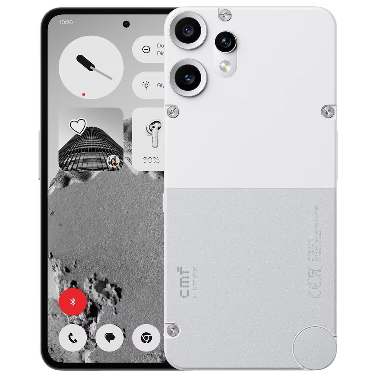 Uno smartphone bianco con fotocamere e una sezione inferiore grigia.