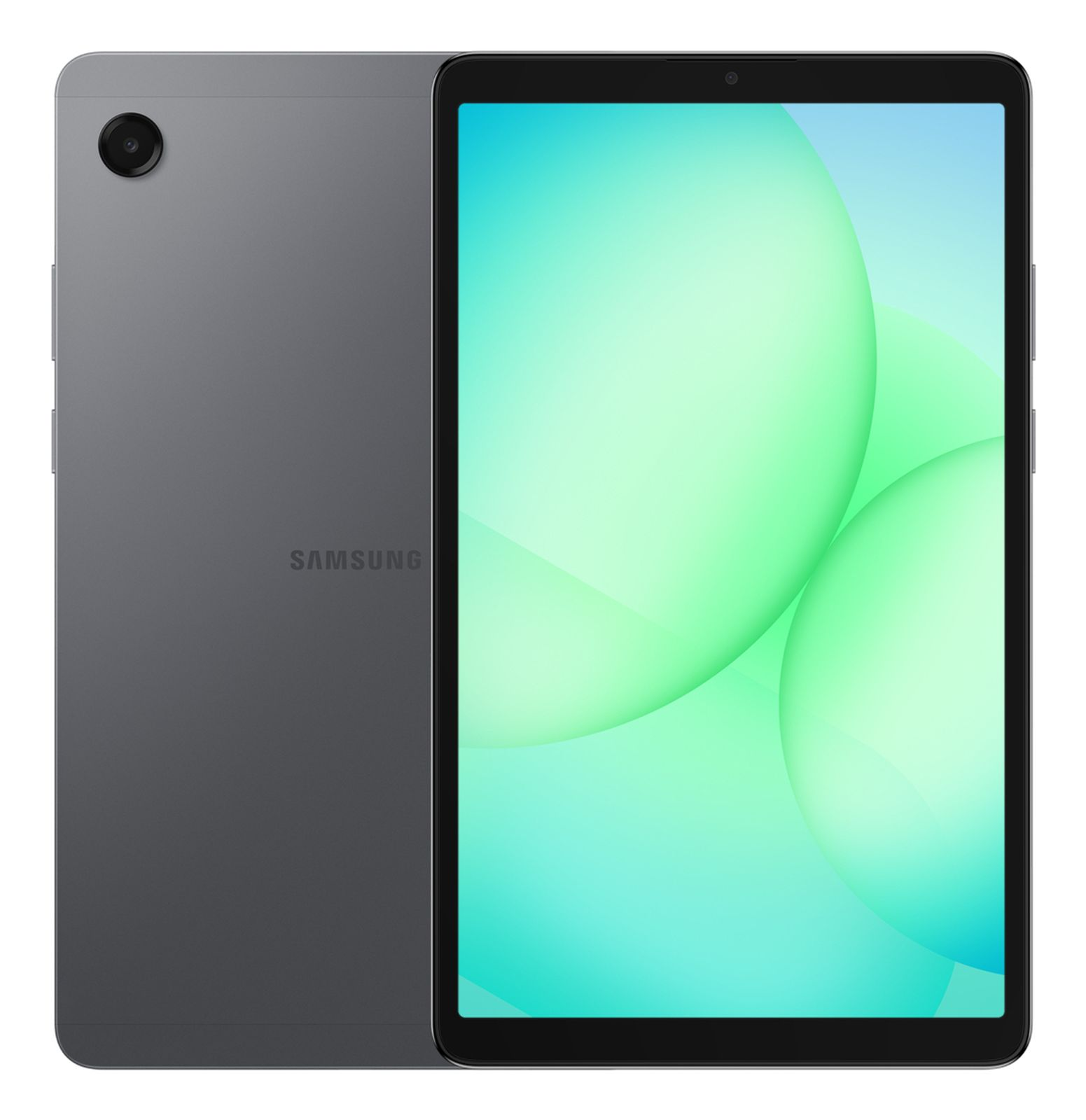 Ein graues Samsung-Tablet mit Kamera auf der Rückseite und einem hellgrünen Bildschirm.