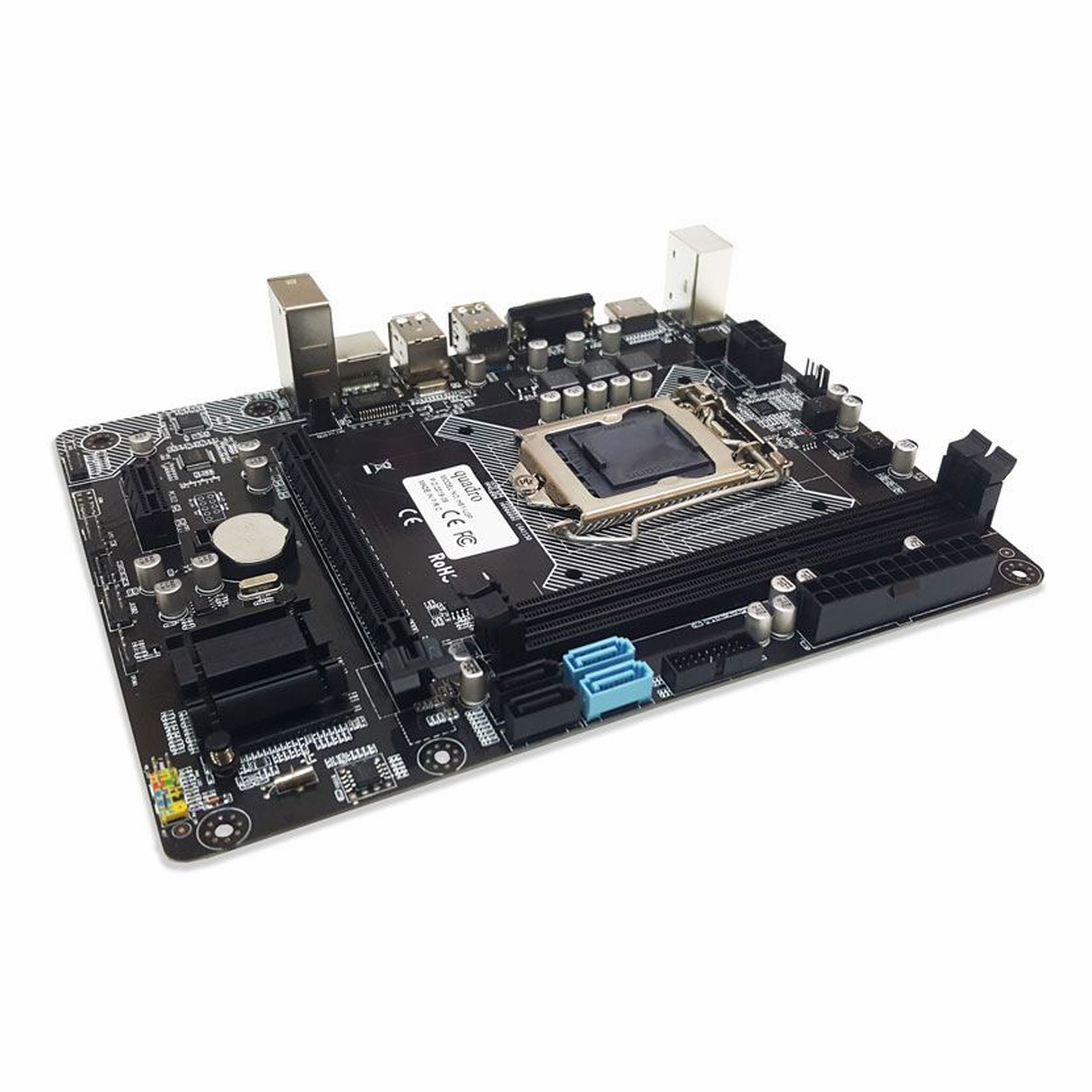 CPU soketi, RAM yuvaları ve çeşitli bağlantı noktalarına sahip siyah anakart.