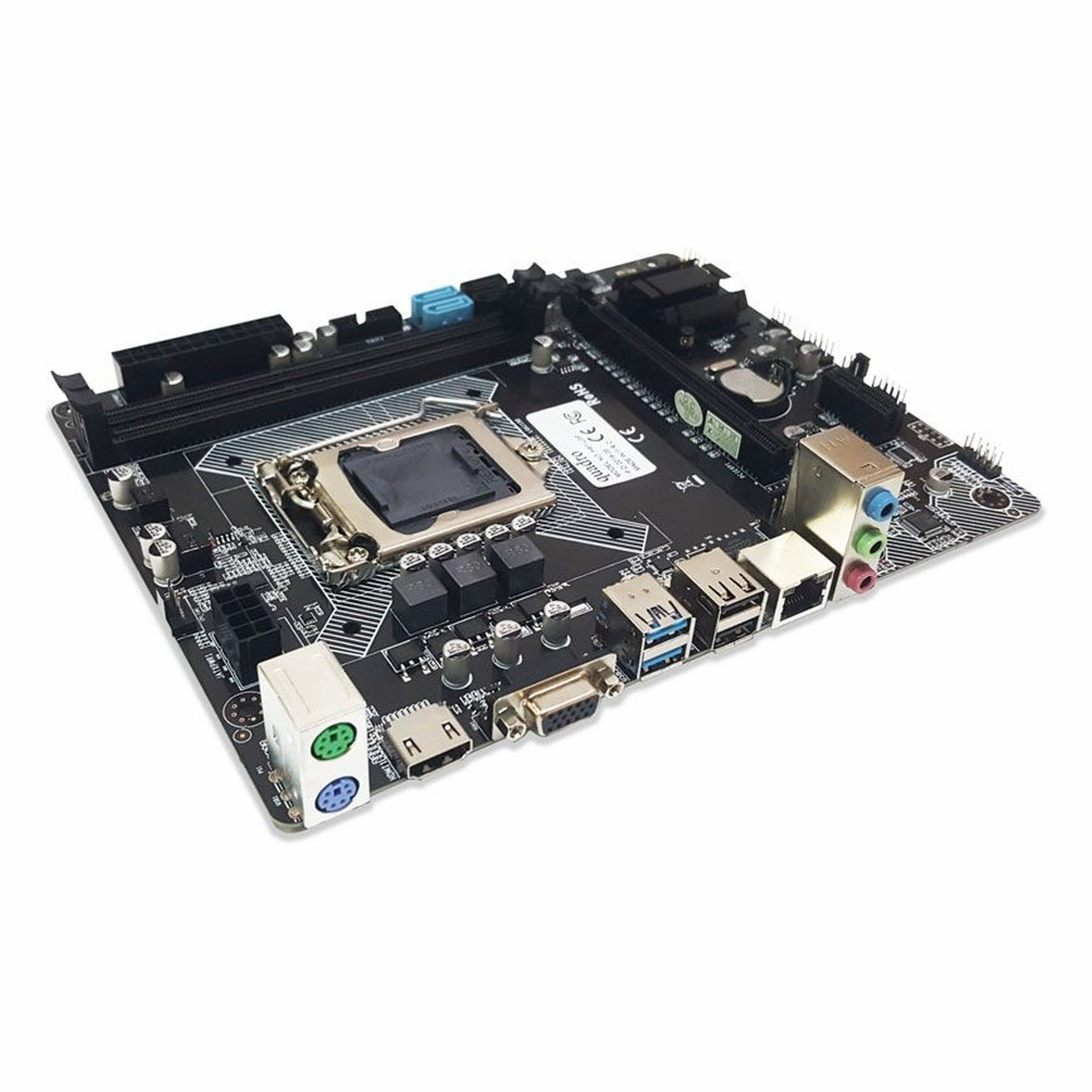 CPU soketi, RAM yuvaları ve bağlantı noktalarına sahip siyah anakart.