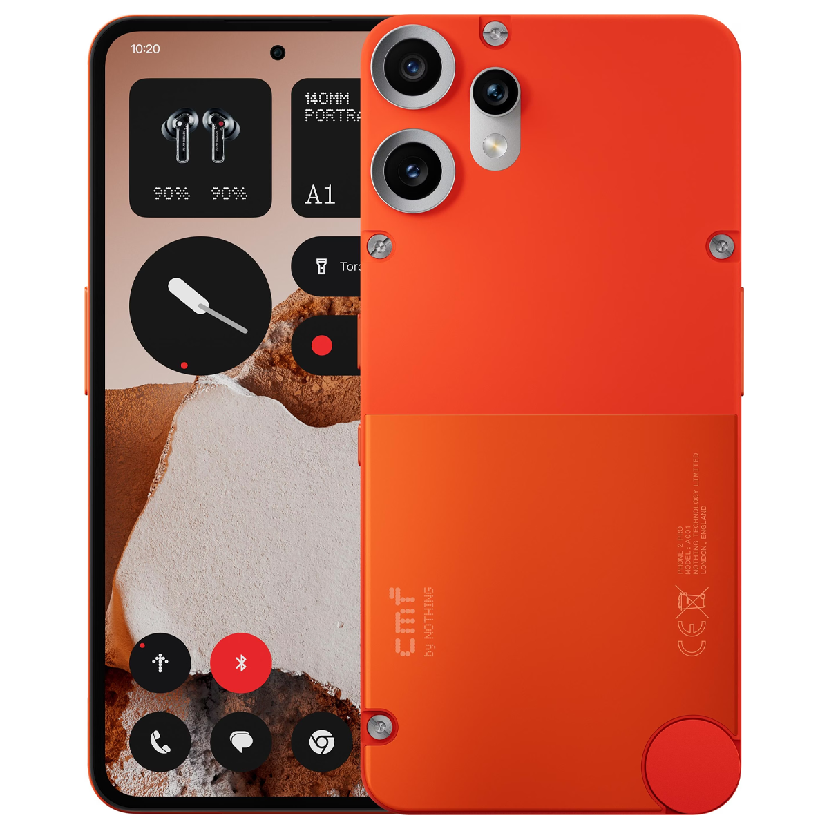 Telefono arancione con array di fotocamere, schermo anteriore mostra widget e icone.