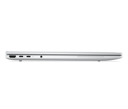 Laptop argentato vista laterale con porte: HDMI, USB-C, jack audio.