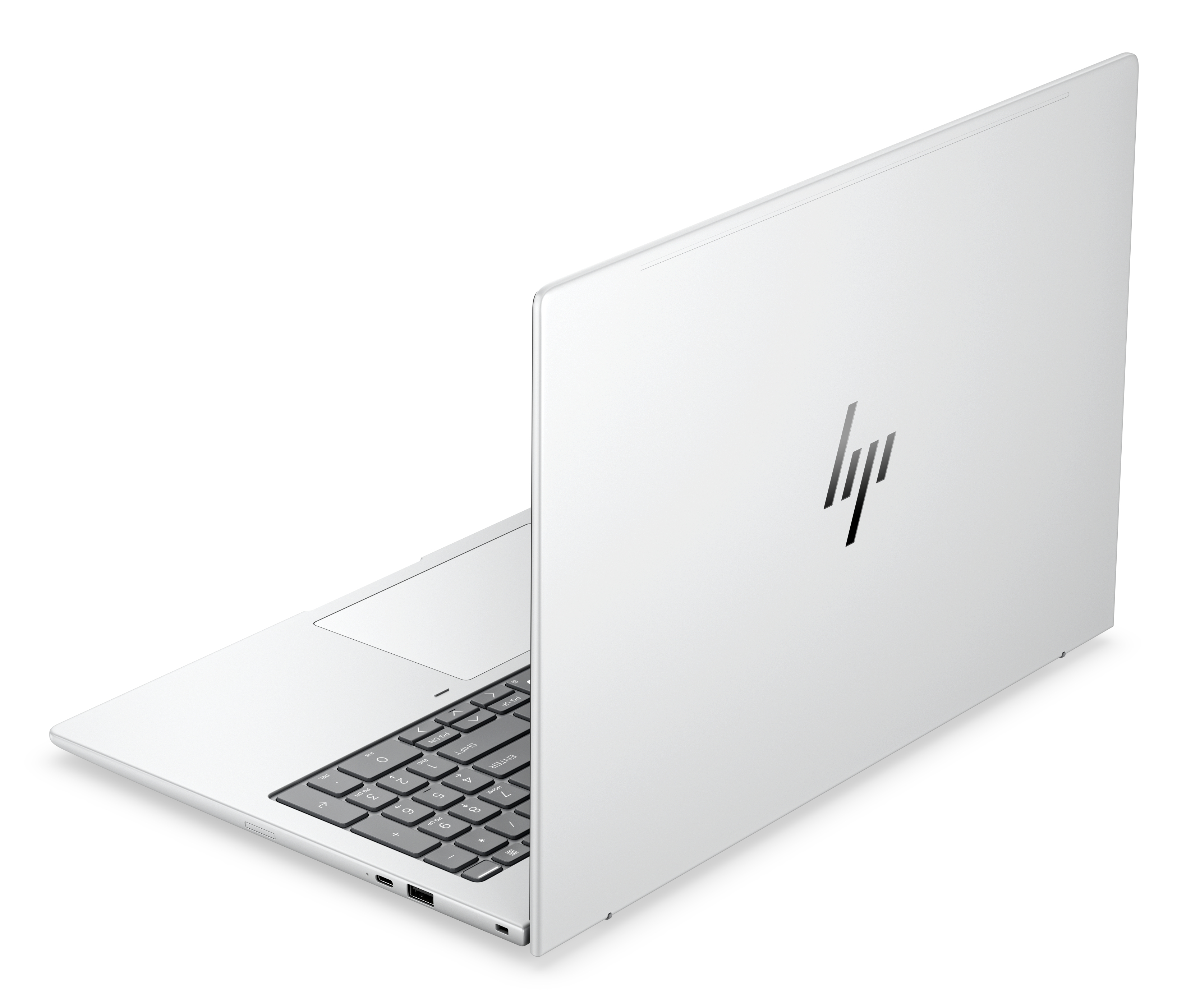 Un laptop argentato su sfondo bianco, con logo HP.