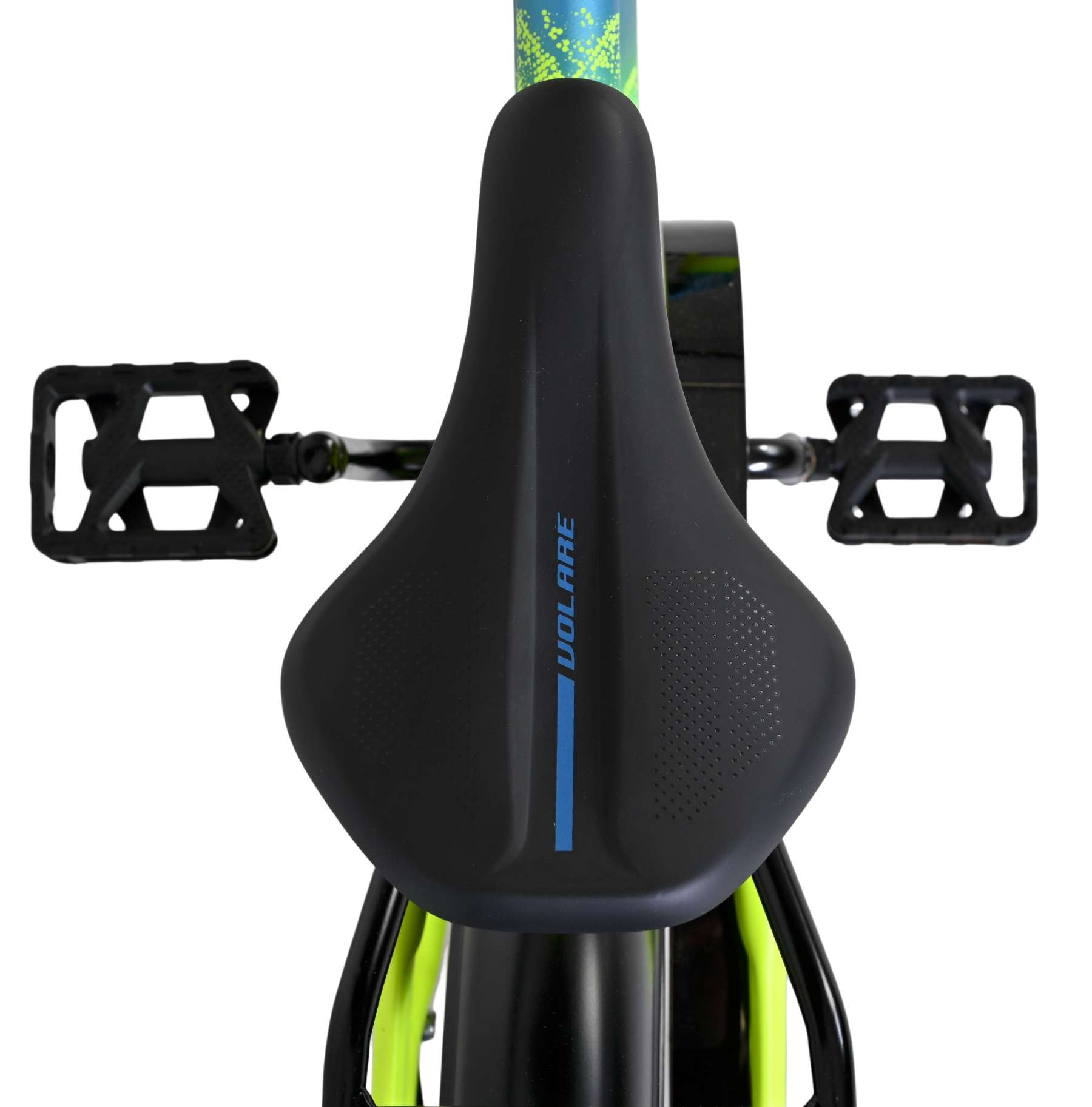 Schwarzer Fahrradsattel mit blauem Streifen, Pedale, Rahmen in Neon-Gelb.