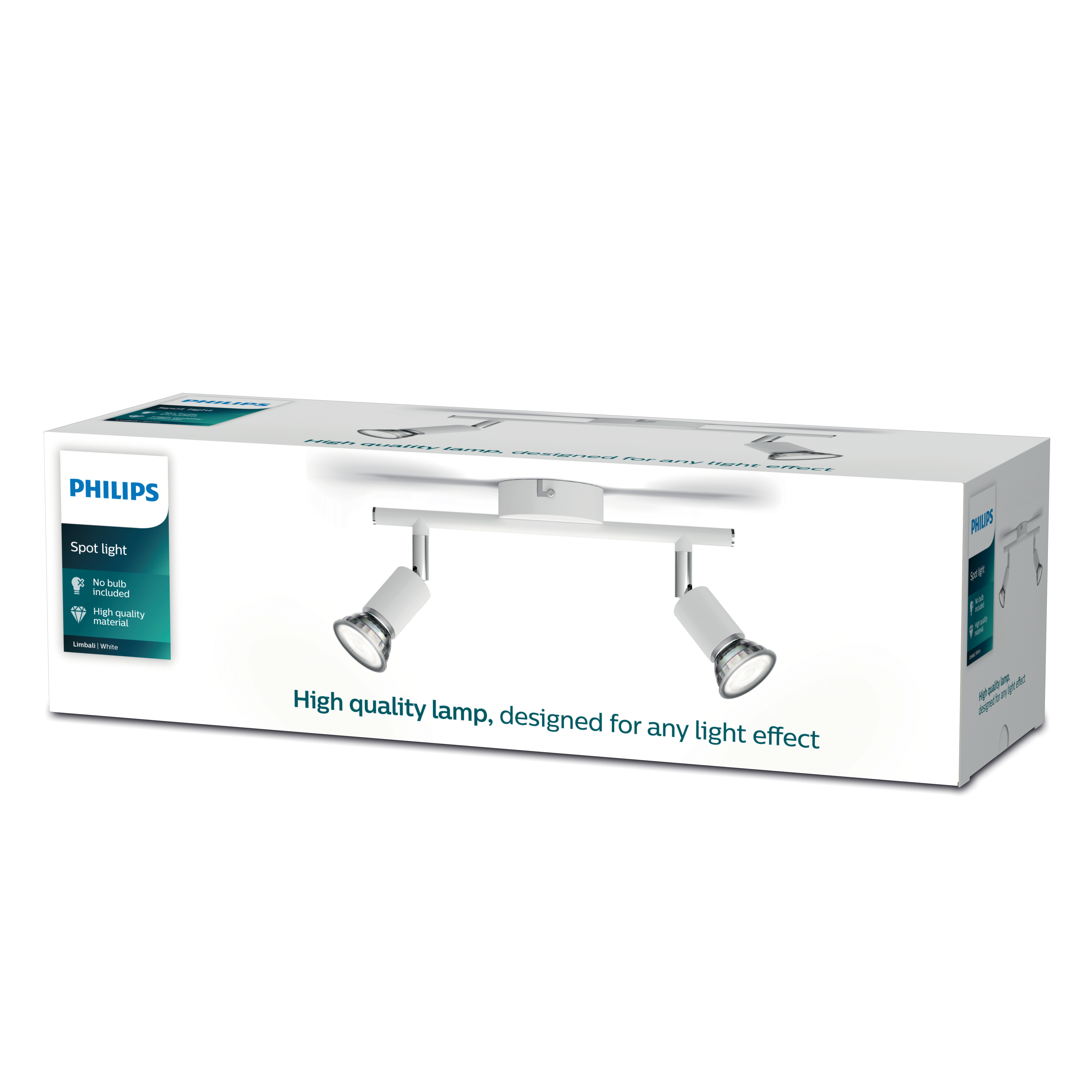 Philips-Strahler-Verpackung zeigt eine weiße Lampe mit zwei Köpfen. Text: Hochwertige Lampe.