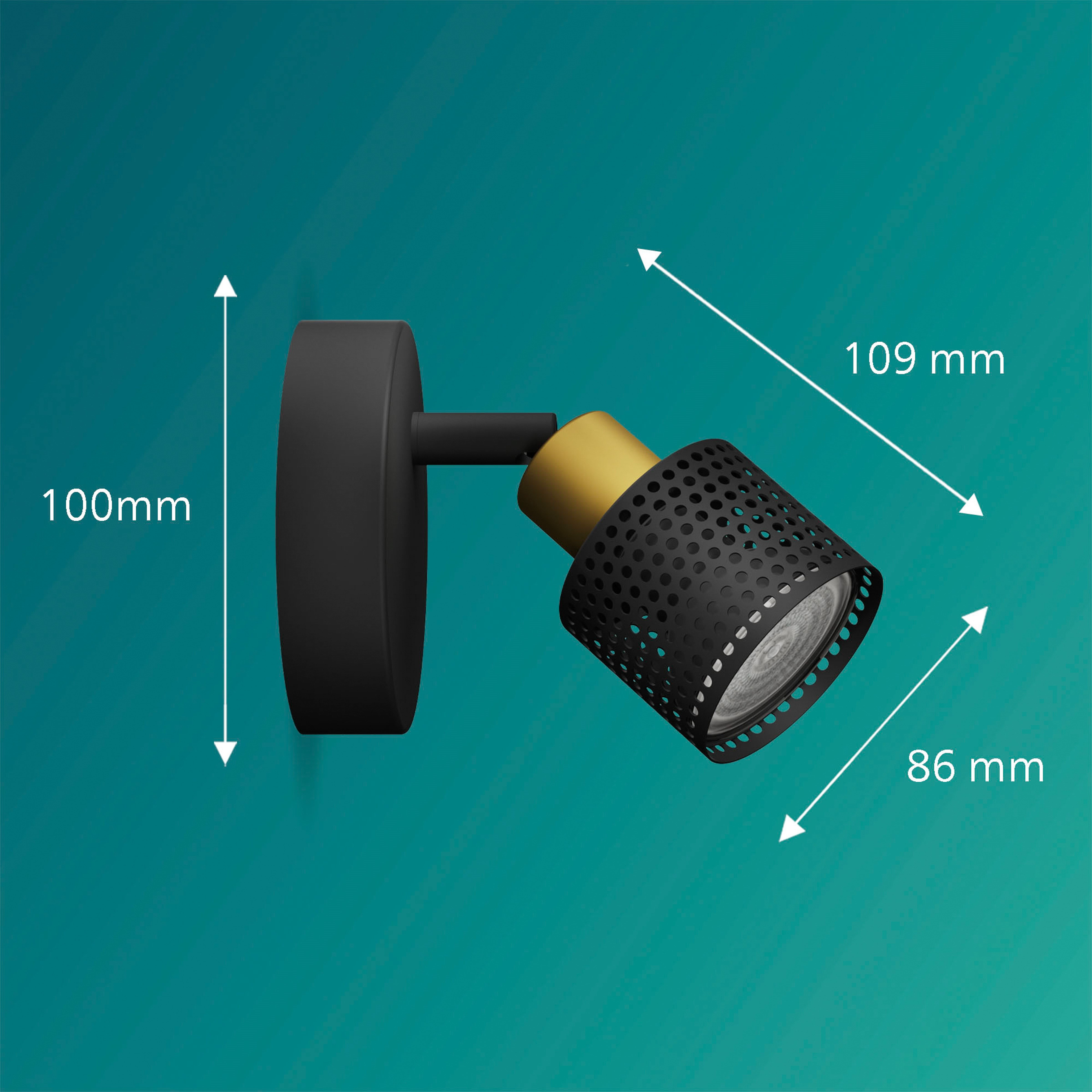Schwarzer Wandstrahler mit goldenem Akzent und Lochmuster.