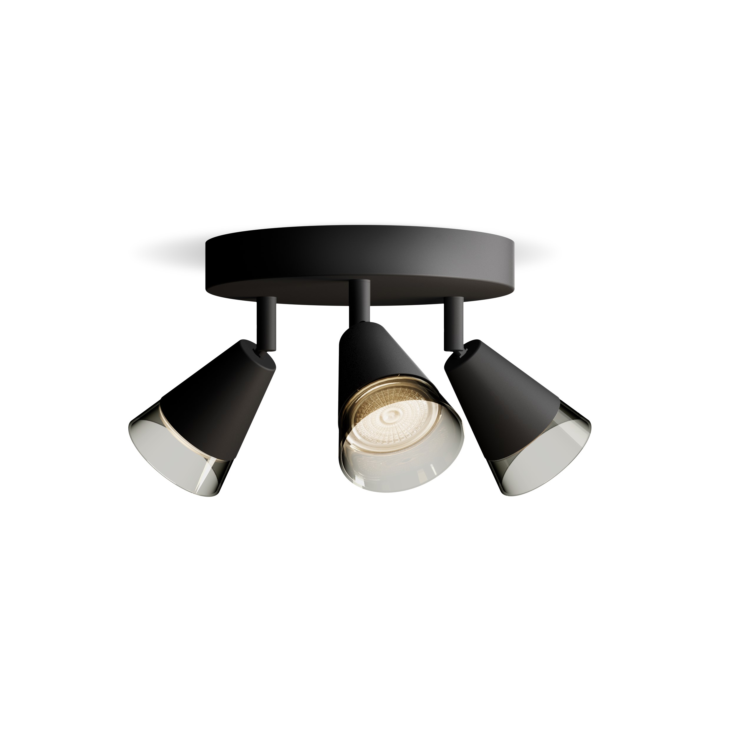 Ein schwarzer Deckenstrahler mit drei Köpfen und kegelförmigen Lampen.