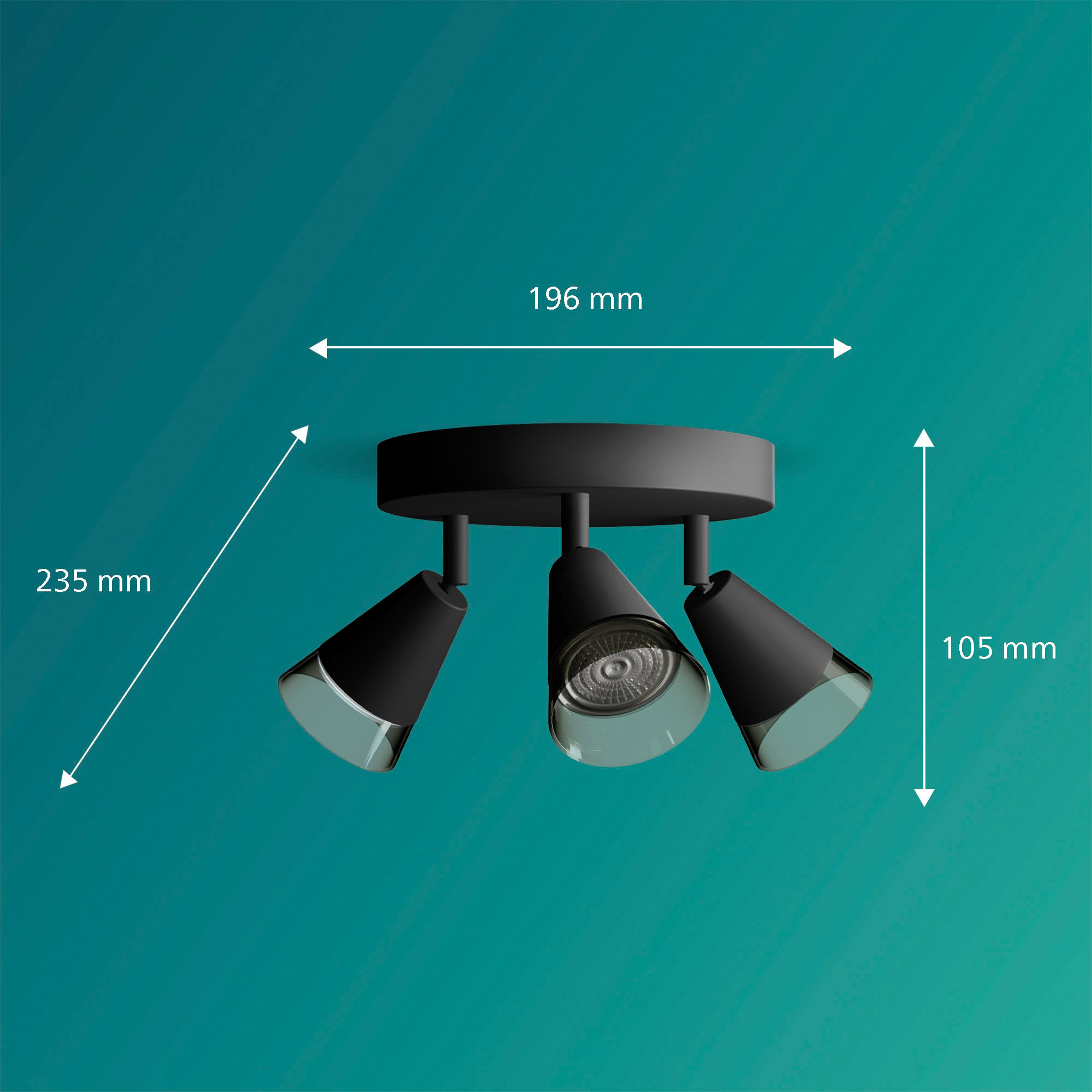 Schwarzer Deckenstrahler mit drei Lampen und Maßen: 196 mm Breite, 235 mm Höhe, 105 mm Tiefe.