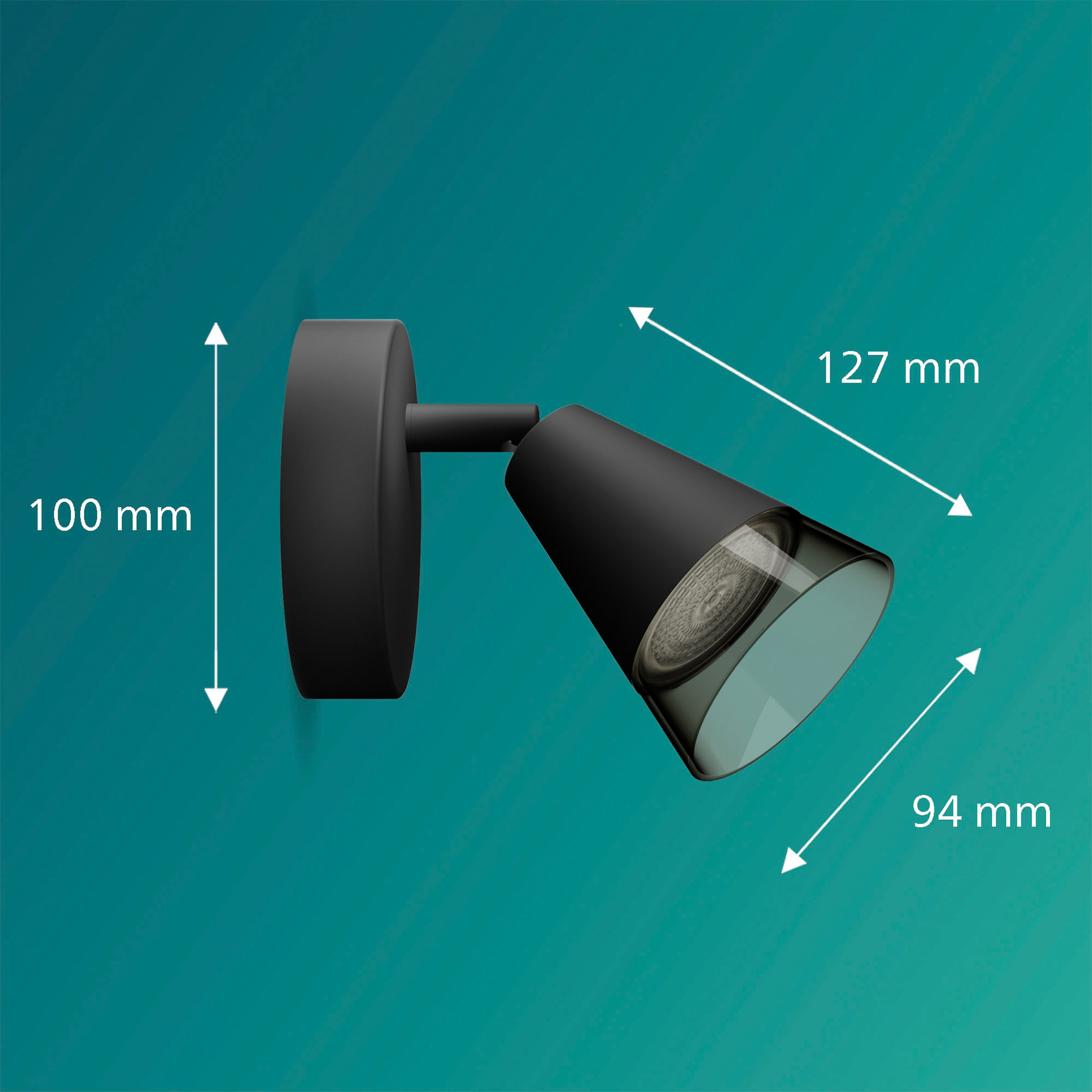 Schwarzer Wandstrahler mit Maßen 100mm, 127mm und 94mm.