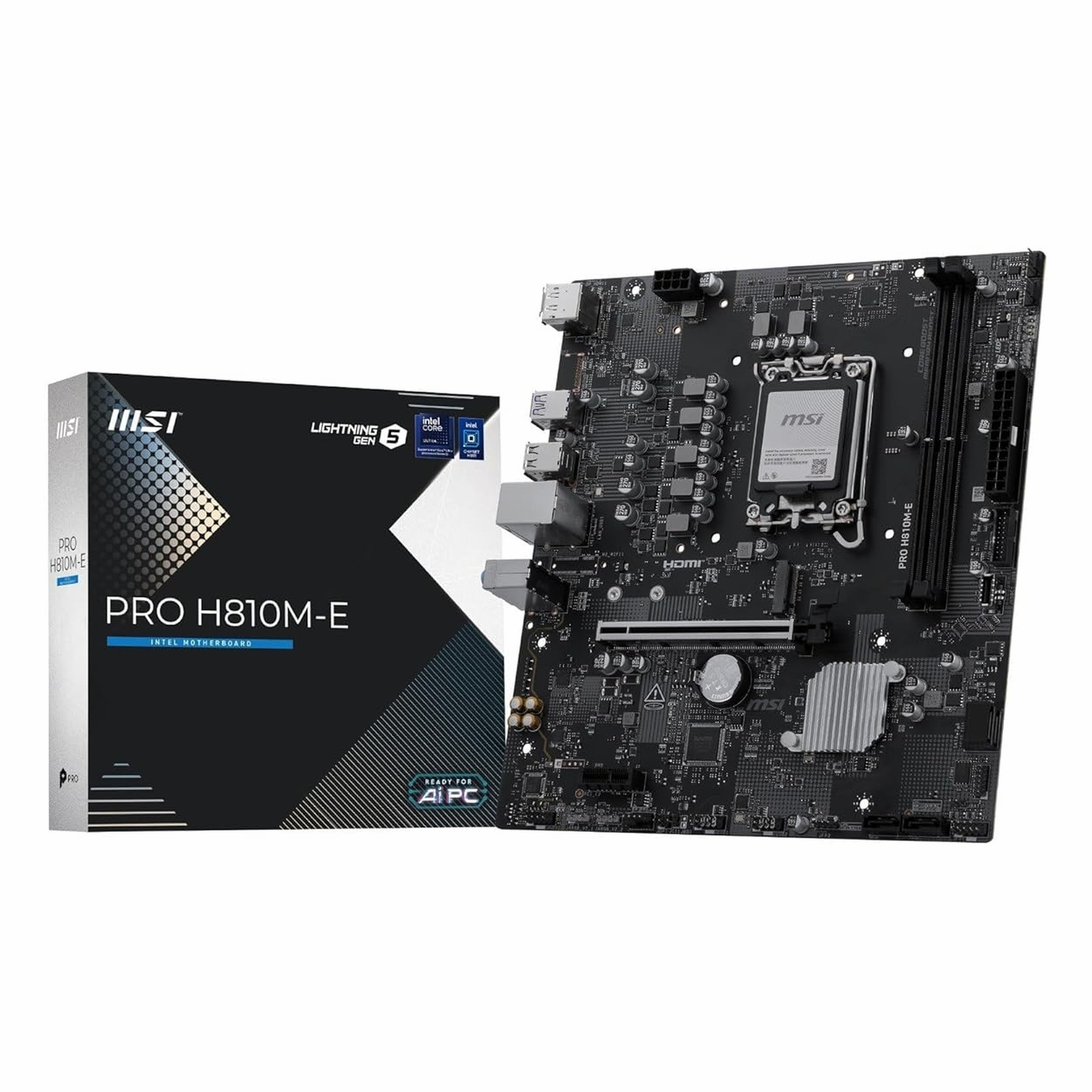 MSI PRO H810M-E Intel Anakartı ve ambalajı beyaz arka planda.