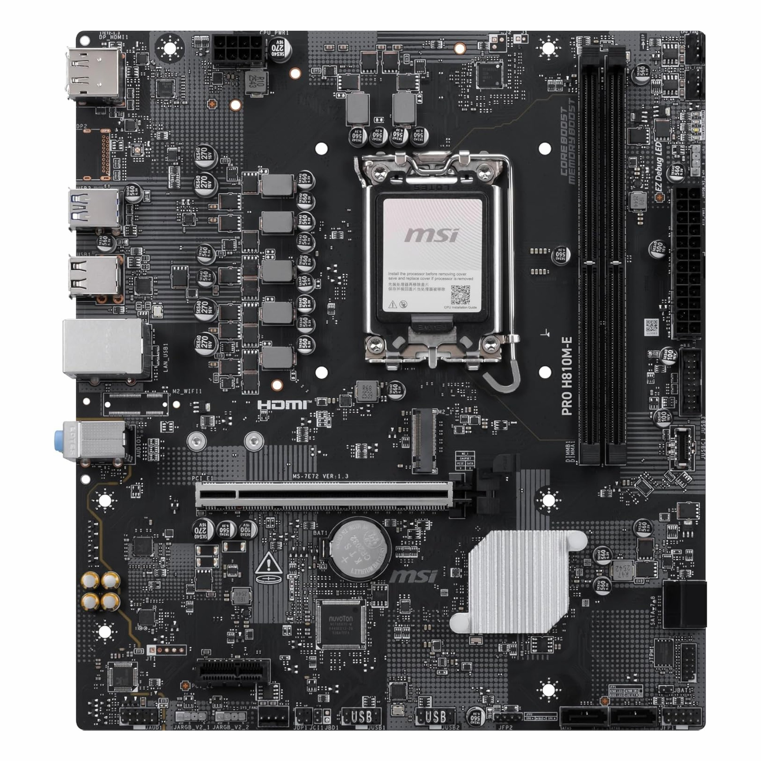 CPU soketi, RAM yuvaları, M.2 yuvası, USB bağlantı noktaları ve SATA bağlantı noktalarına sahip siyah bir MSI anakart.