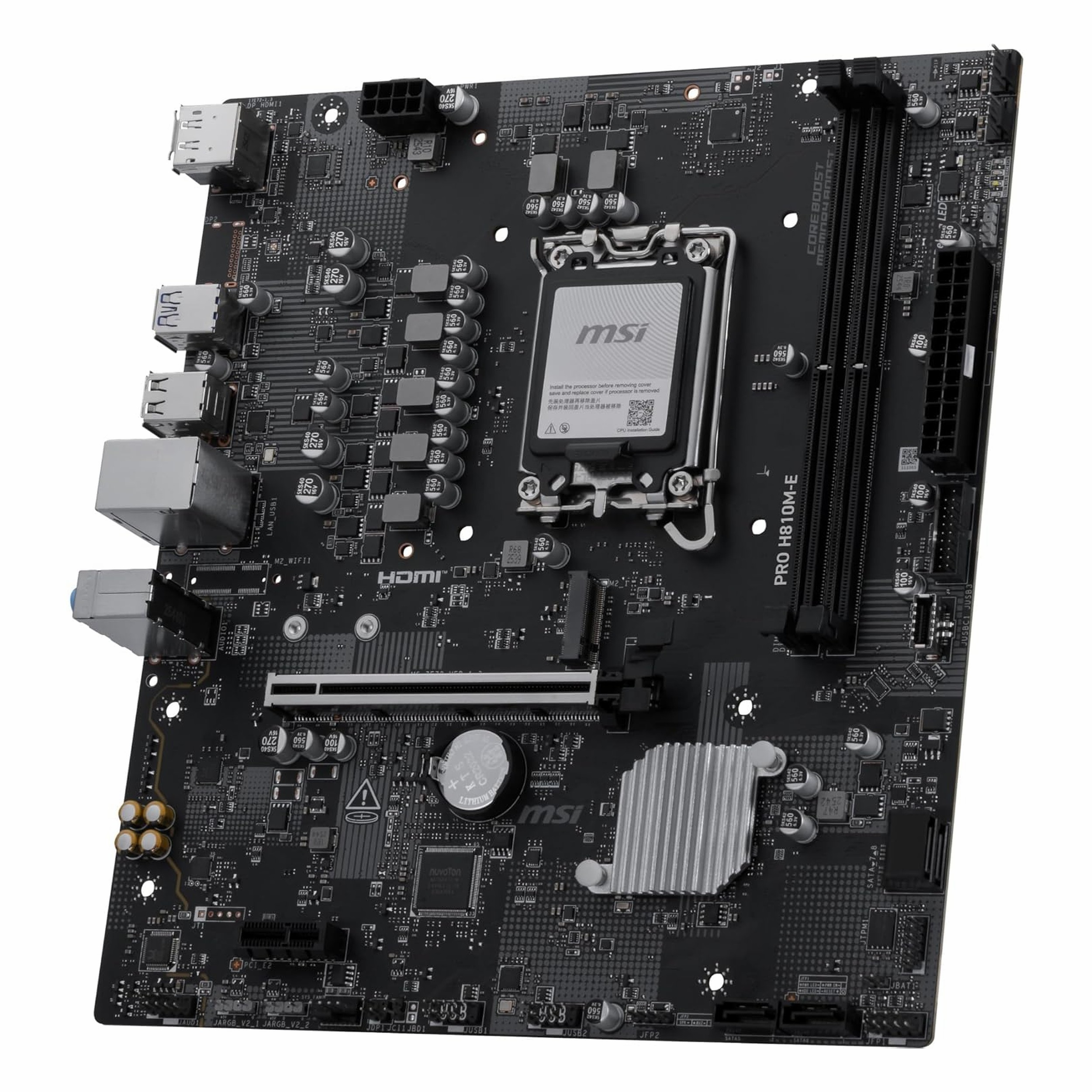 CPU soketi, RAM yuvaları ve konektörleri olan siyah anakart.