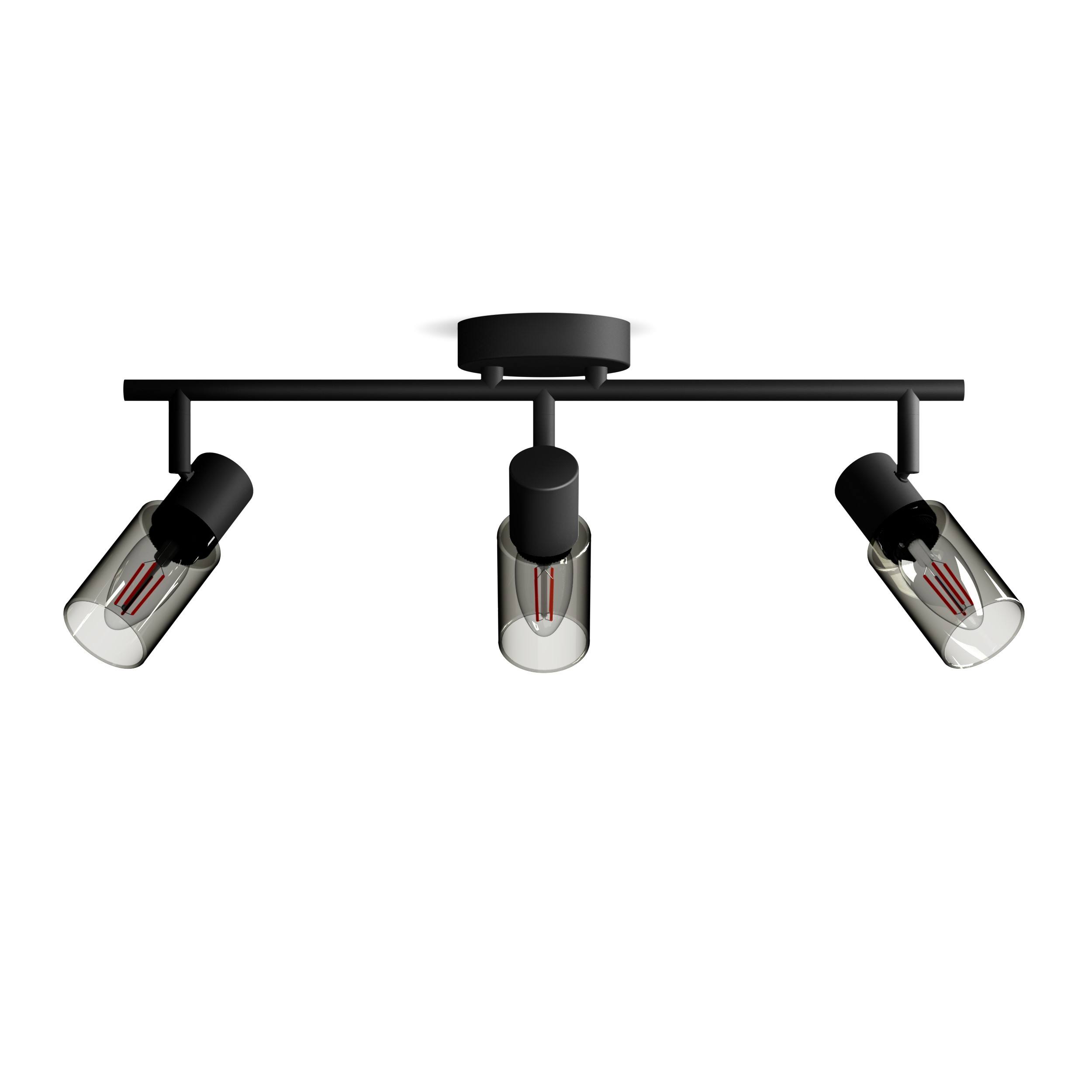 Schwarzer Deckenstrahler mit drei Glaszylindern und sichtbaren Glühfäden.