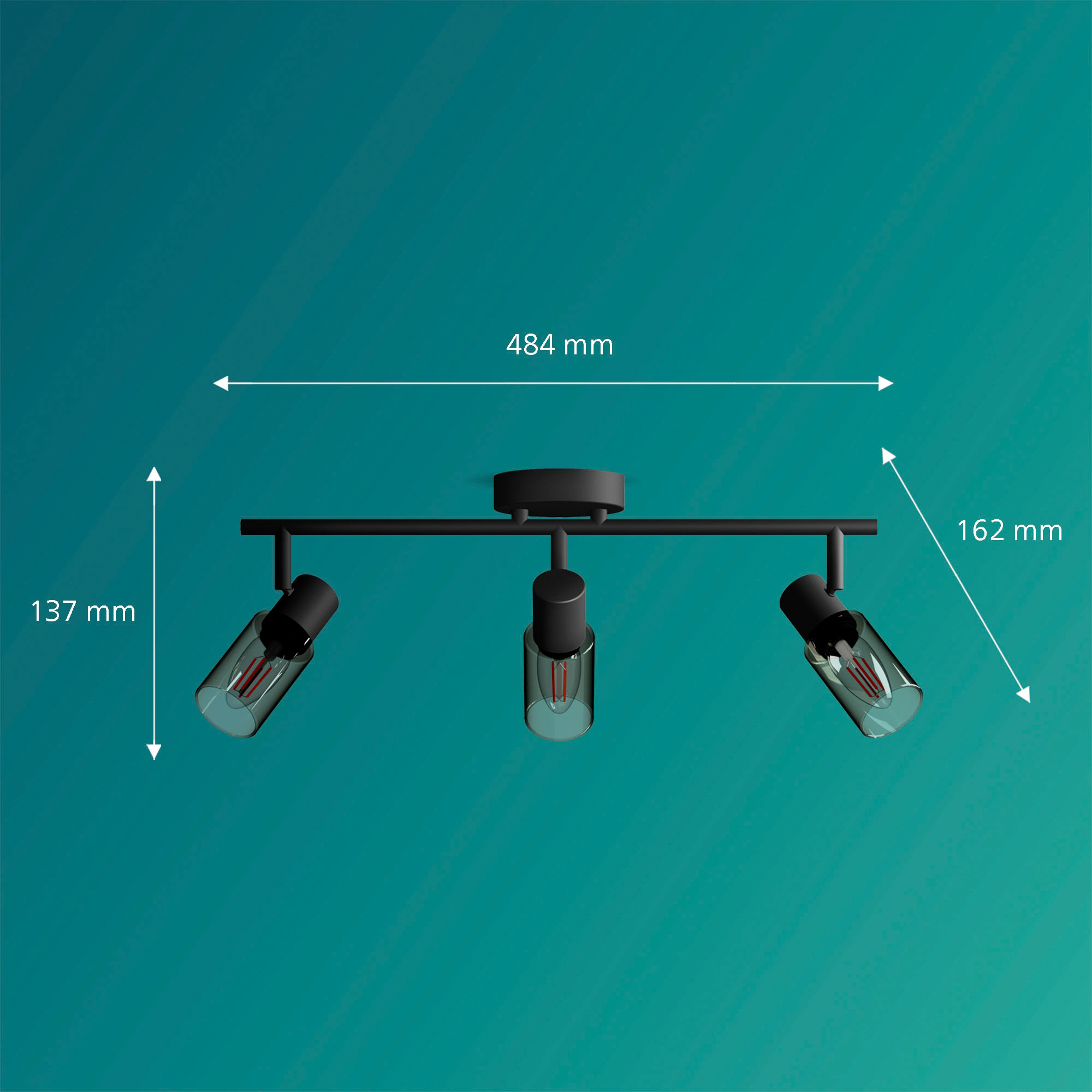 Schwarzer Deckenstrahler mit drei Glaskolben und sichtbaren Glühfäden.