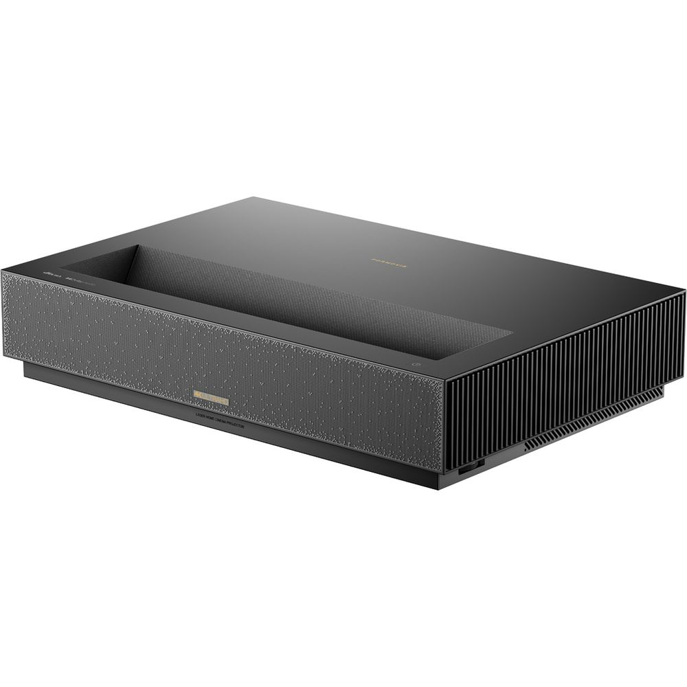 Un proiettore home cinema laser nero e rettangolare con lati scanalati e griglia anteriore finemente forata.