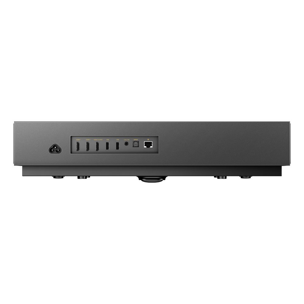 Dispositivo elettronico grigio con porte: alimentazione, HDMI, USB, Ethernet.