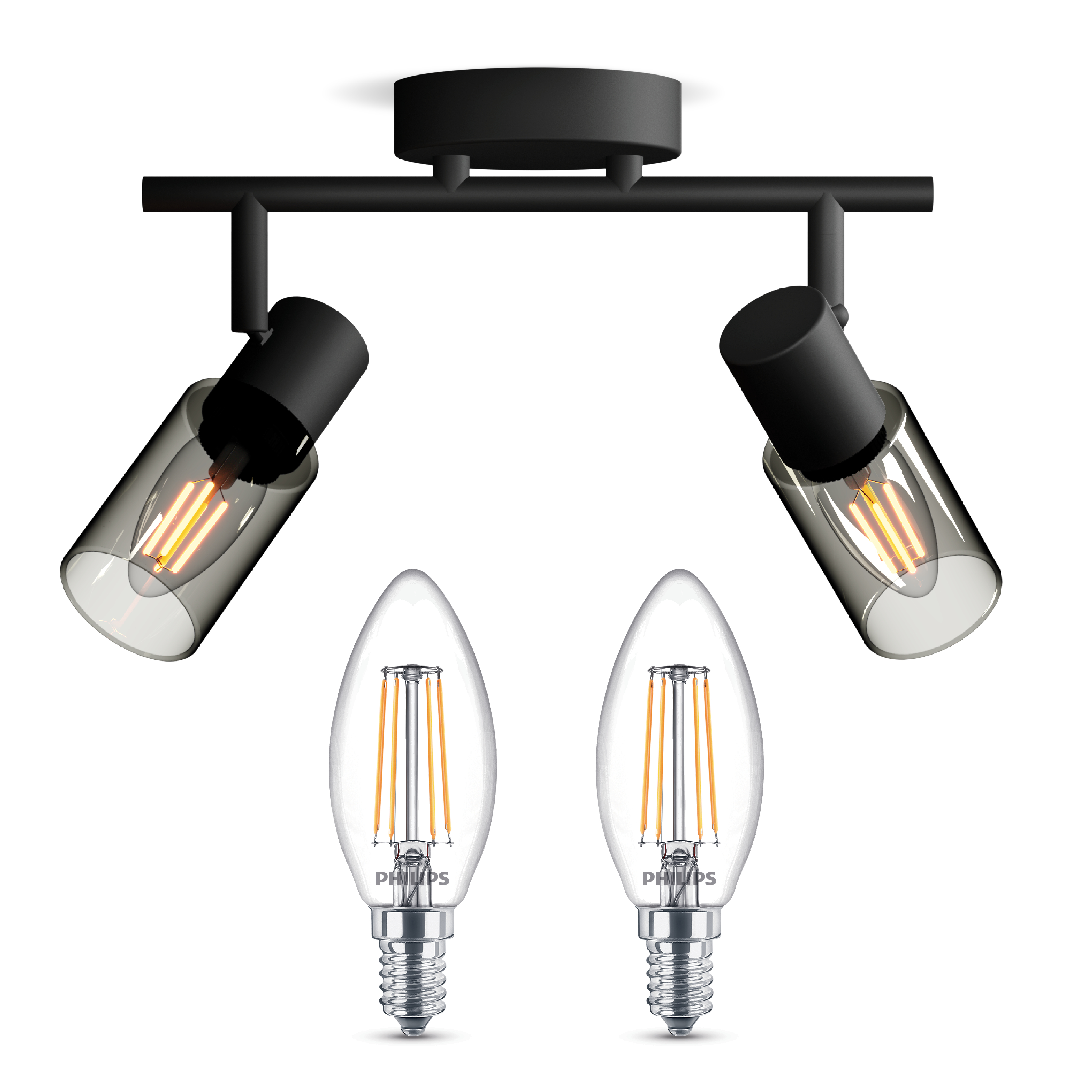 Schwarze Deckenleuchte mit zwei zylindrischen Spots und zwei Kerzenlampen.
