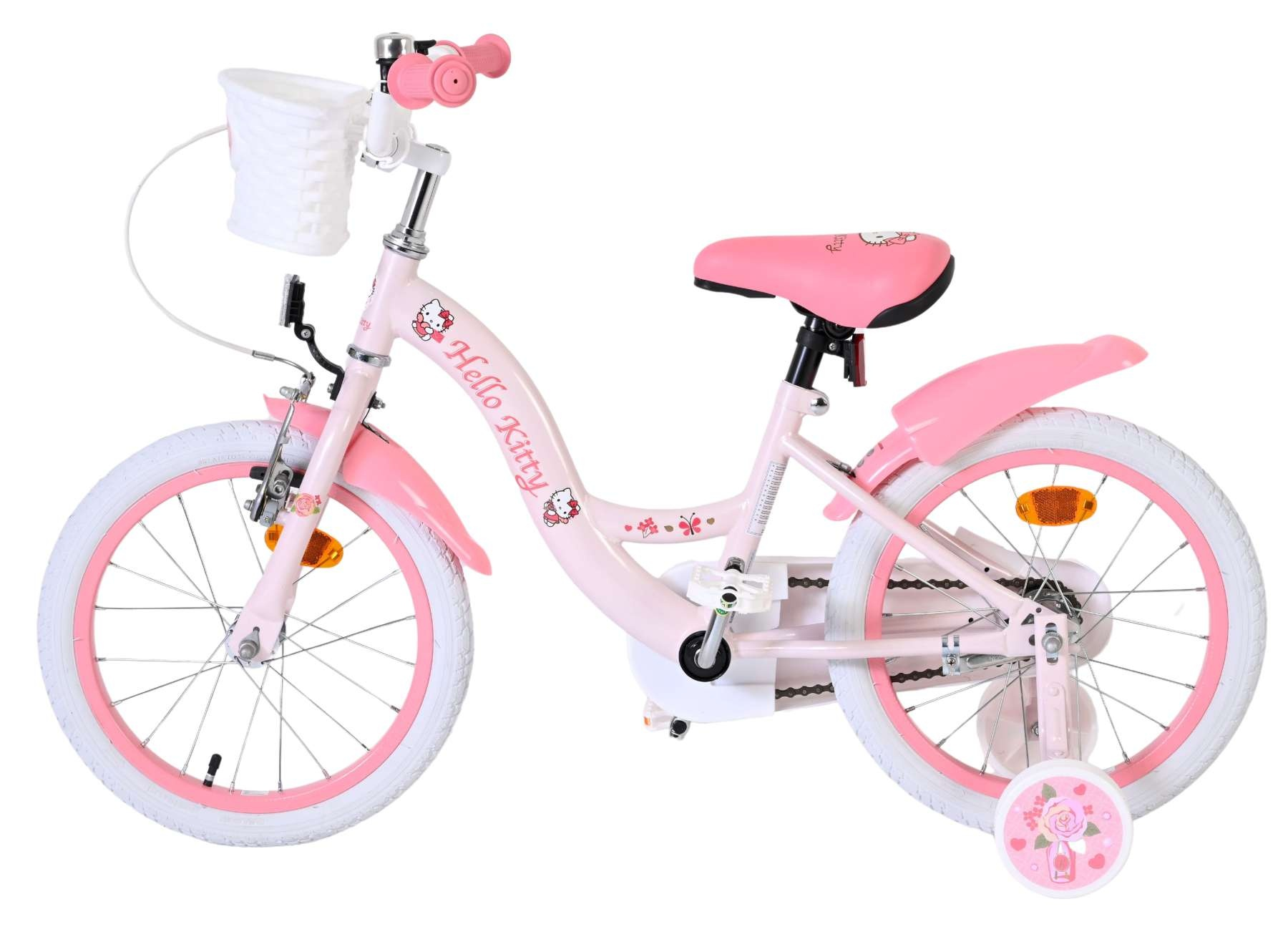 Ein rosafarbenes Hello Kitty Kinderfahrrad mit weißen Reifen, Speichenrädern und Stützrädern.