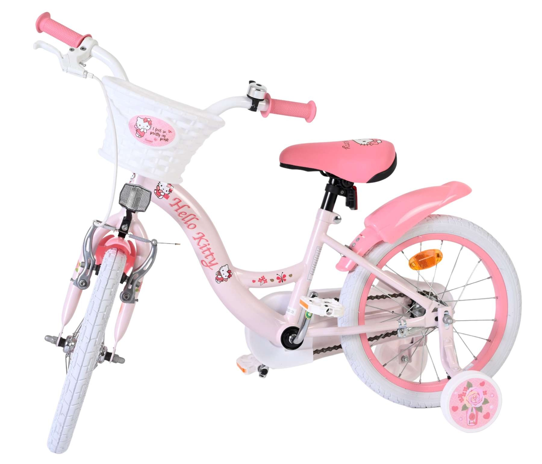 Ein rosafarbenes Hello Kitty Kinderfahrrad mit Stützrädern und weißem Korb.