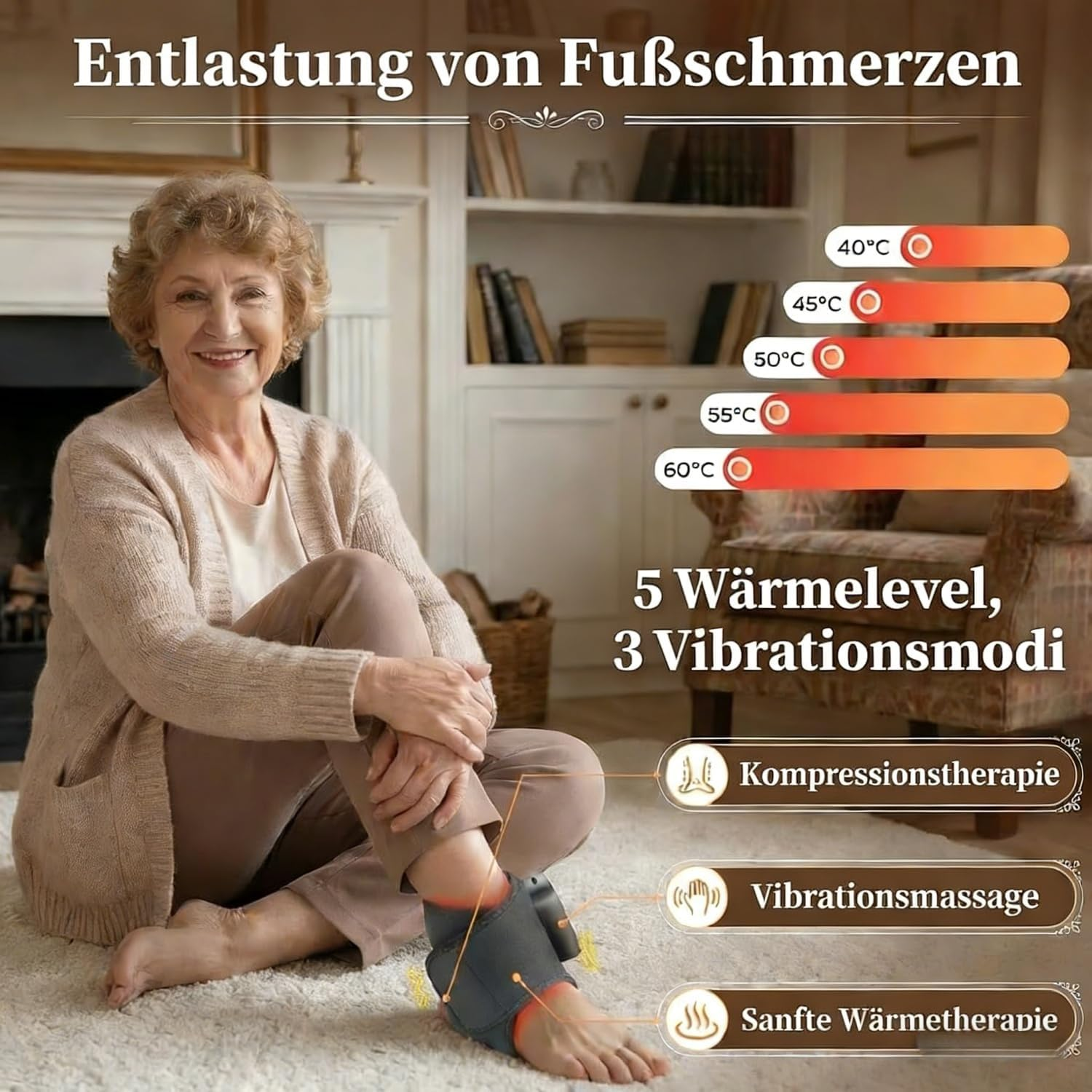 Ältere Frau mit Fußschmerzgerät, zeigt Wärme- und Vibrationsmodi.