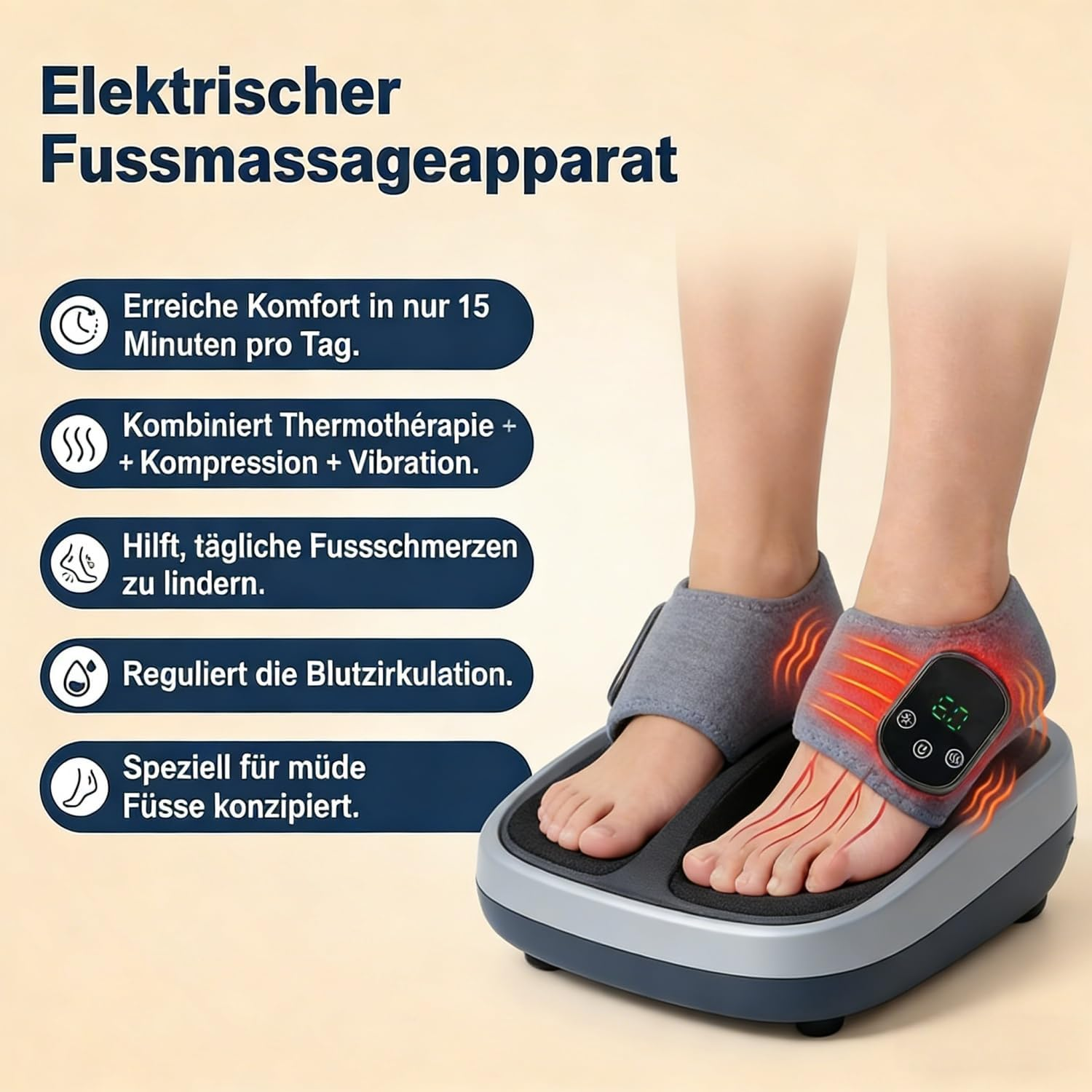 Elektrischer Fußmassageapparat mit Füßen darin, mit Heizfunktion.