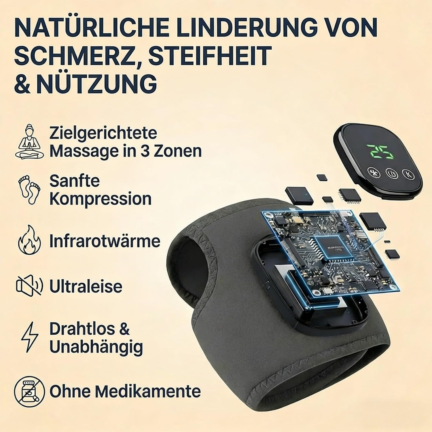 Produktanzeige für Schmerzlinderung: Massagegerät mit Elektronik und Funktionen.