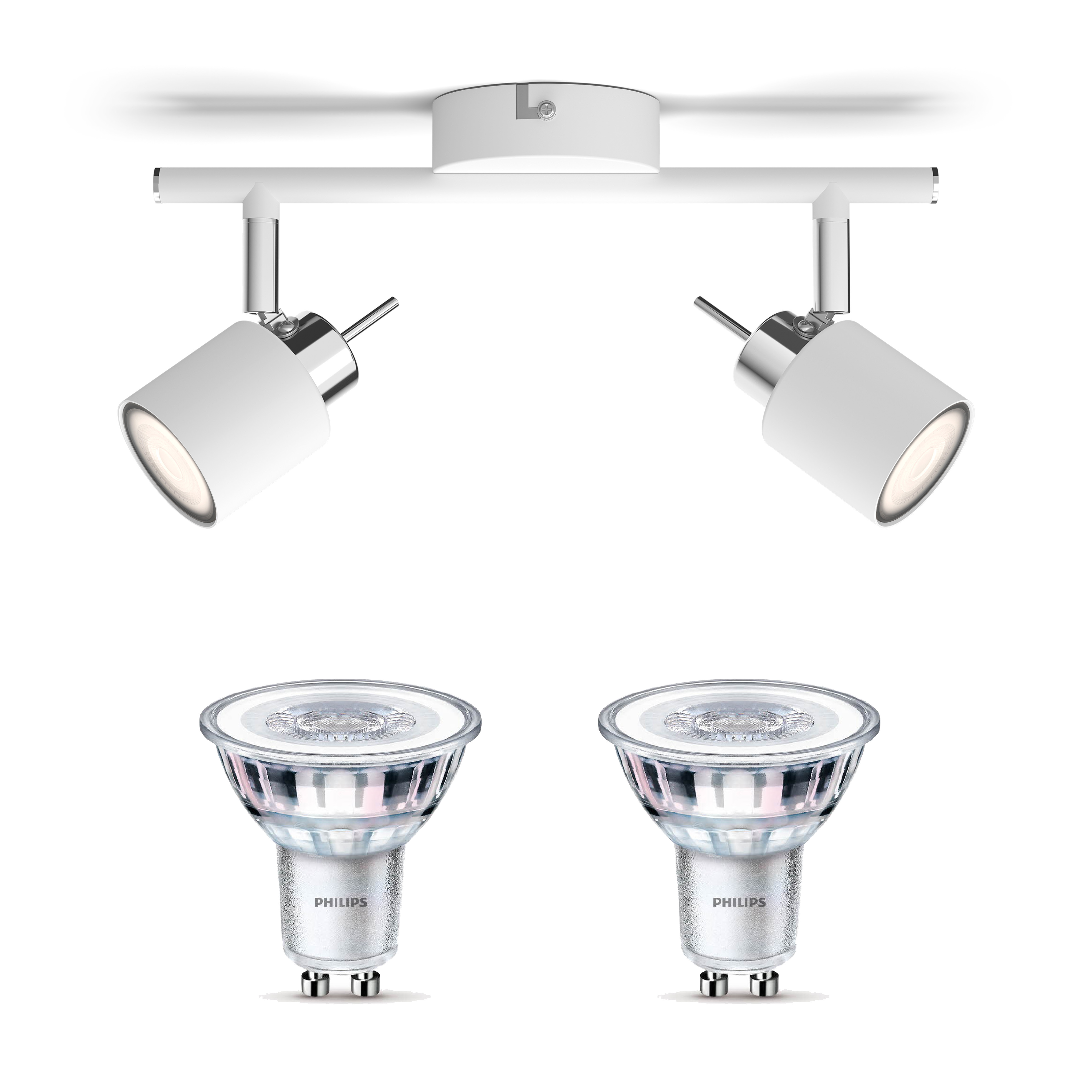Weiße Schienenleuchte mit zwei Spots und zwei Philips LED-Lampen.