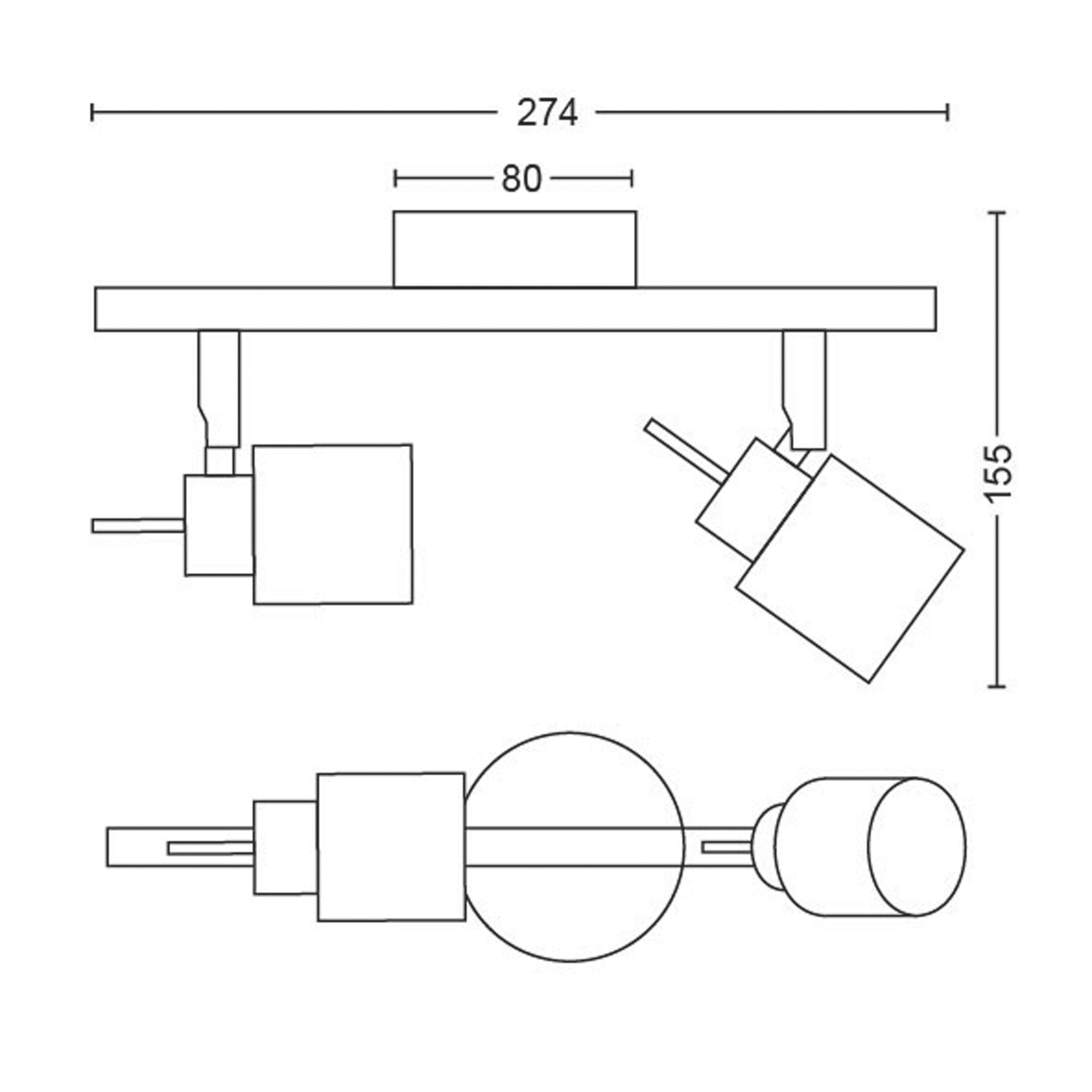 Technische Zeichnung einer Leuchte mit Maßen 274x155mm und 80mm.