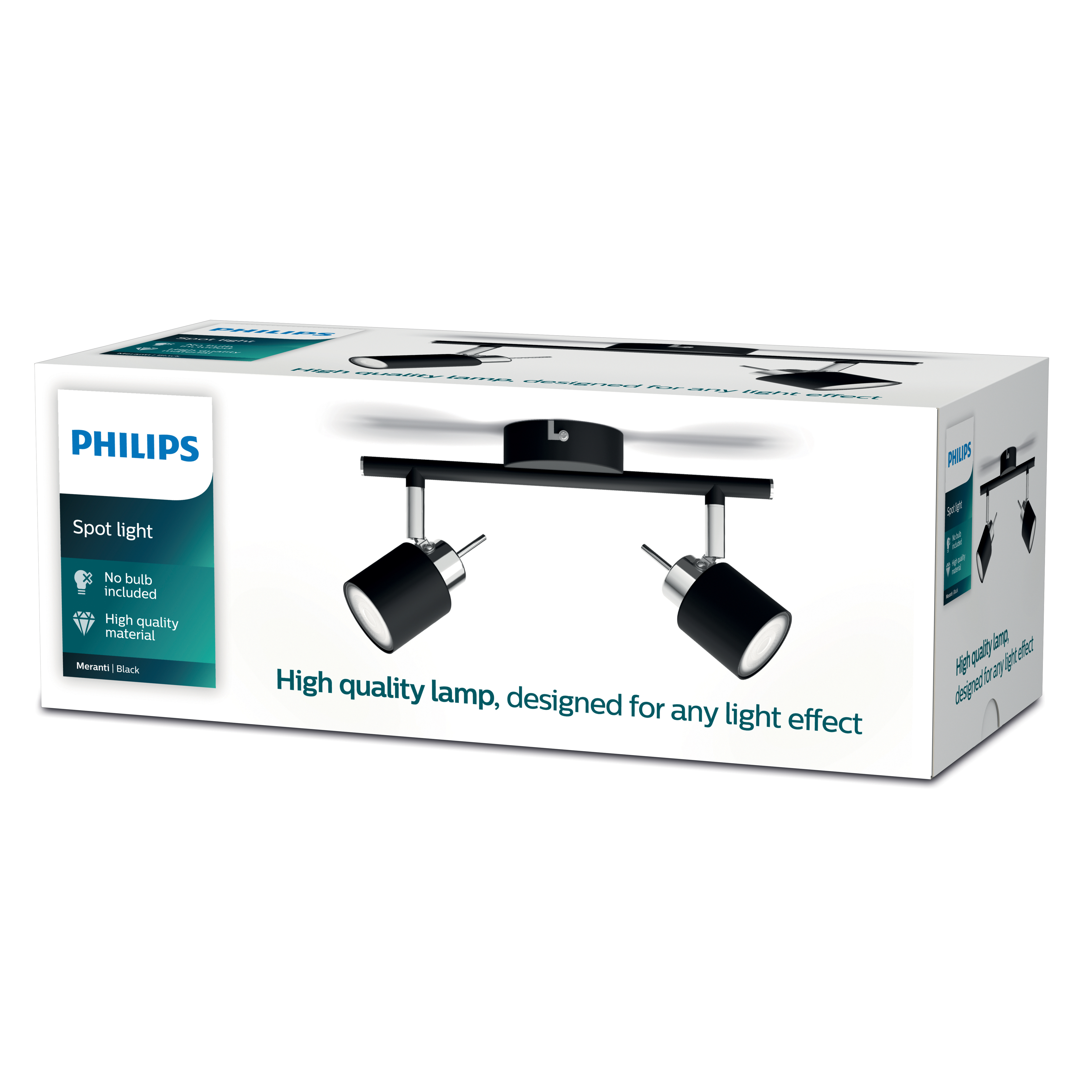 Verpackung mit Philips Spotlicht: schwarze Leuchte mit zwei Spots.