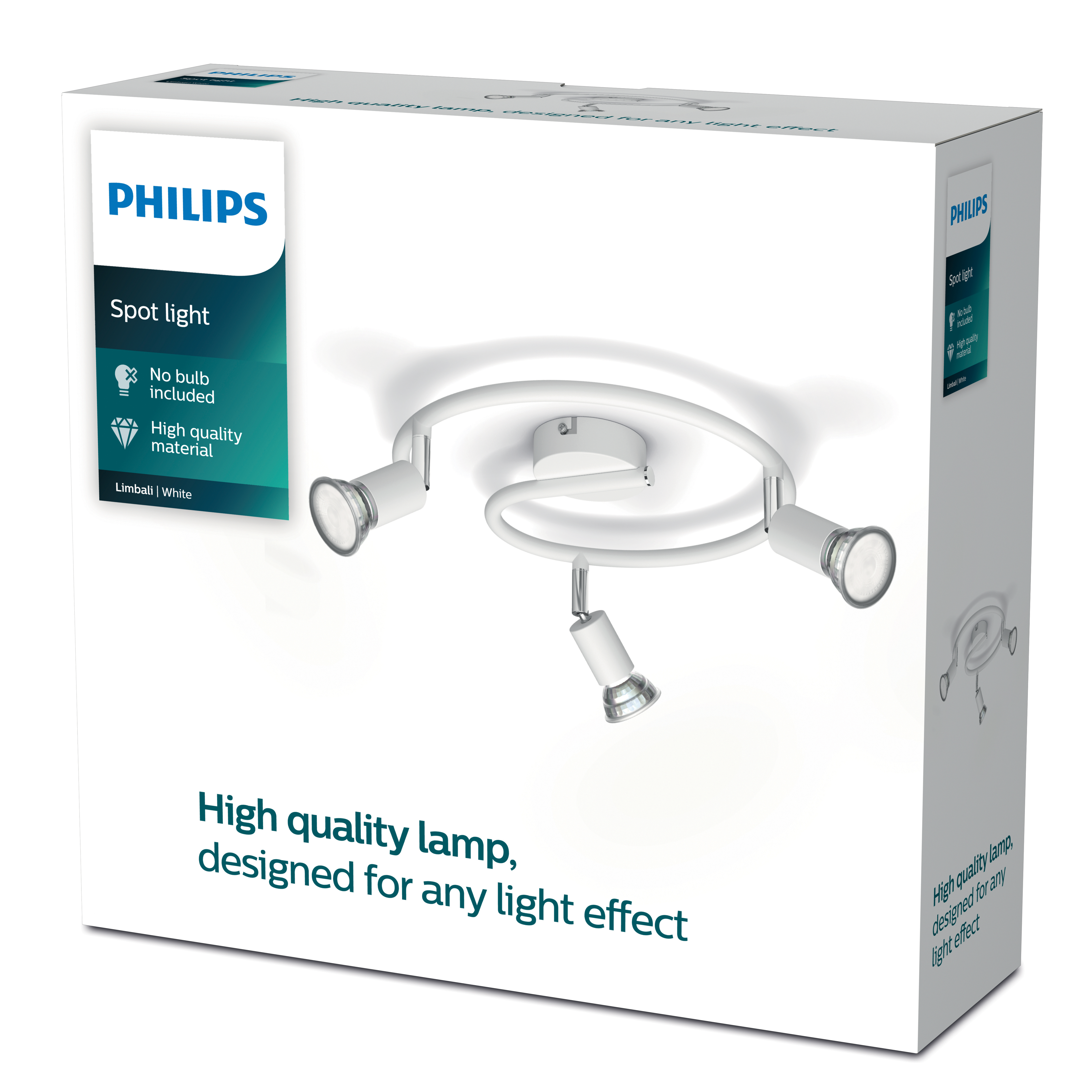 Weiße Philips Spotlampe mit drei verstellbaren Köpfen auf einer gewundenen Halterung.