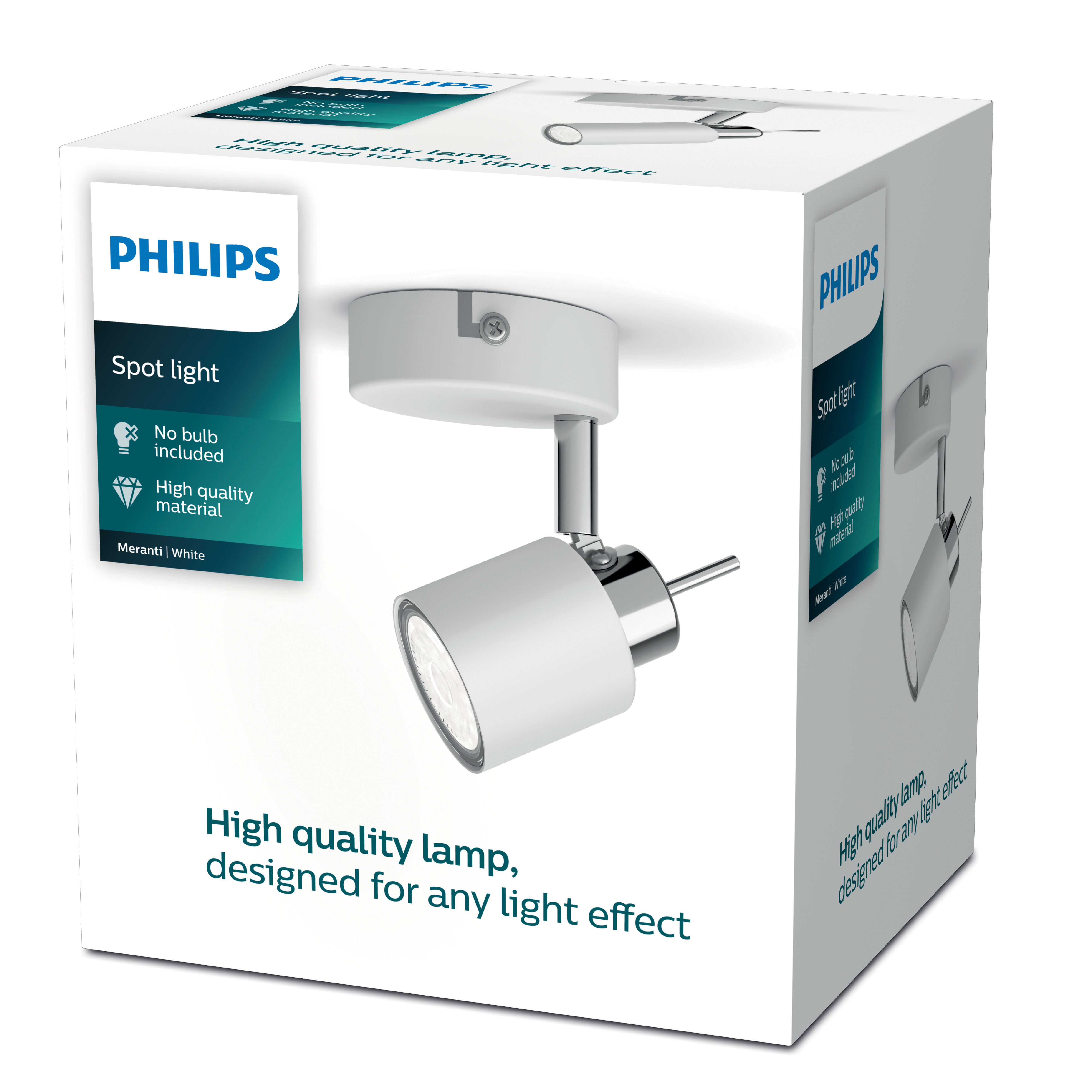 Verpackung einer weißen Philips Spotleuchte mit silbernen Akzenten und Produktinformationen.