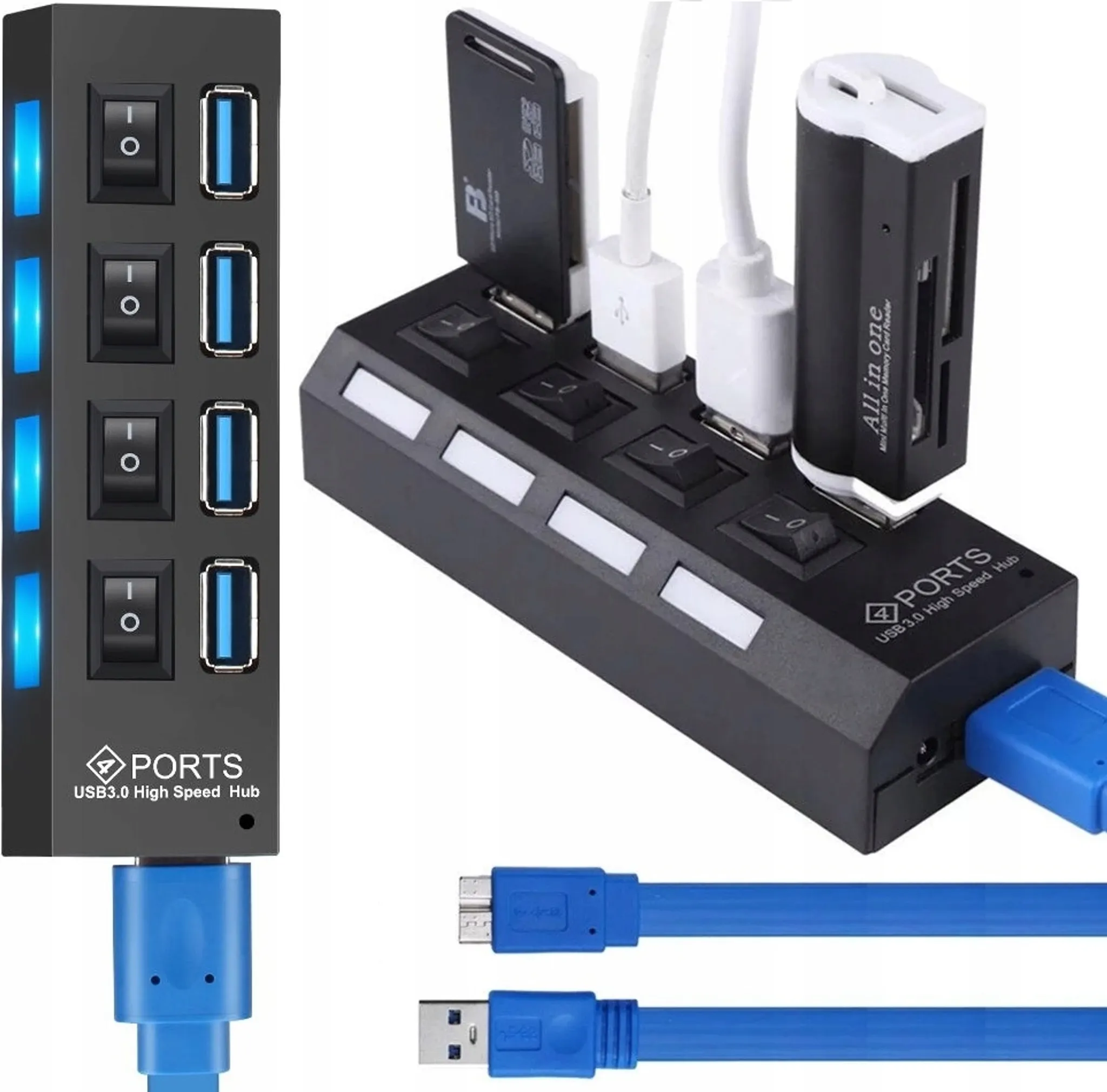 Schwarzer USB 3.0 Hub mit 4 Anschlüssen, Einzelschaltern und blauen LEDs. Inklusive Kabel.