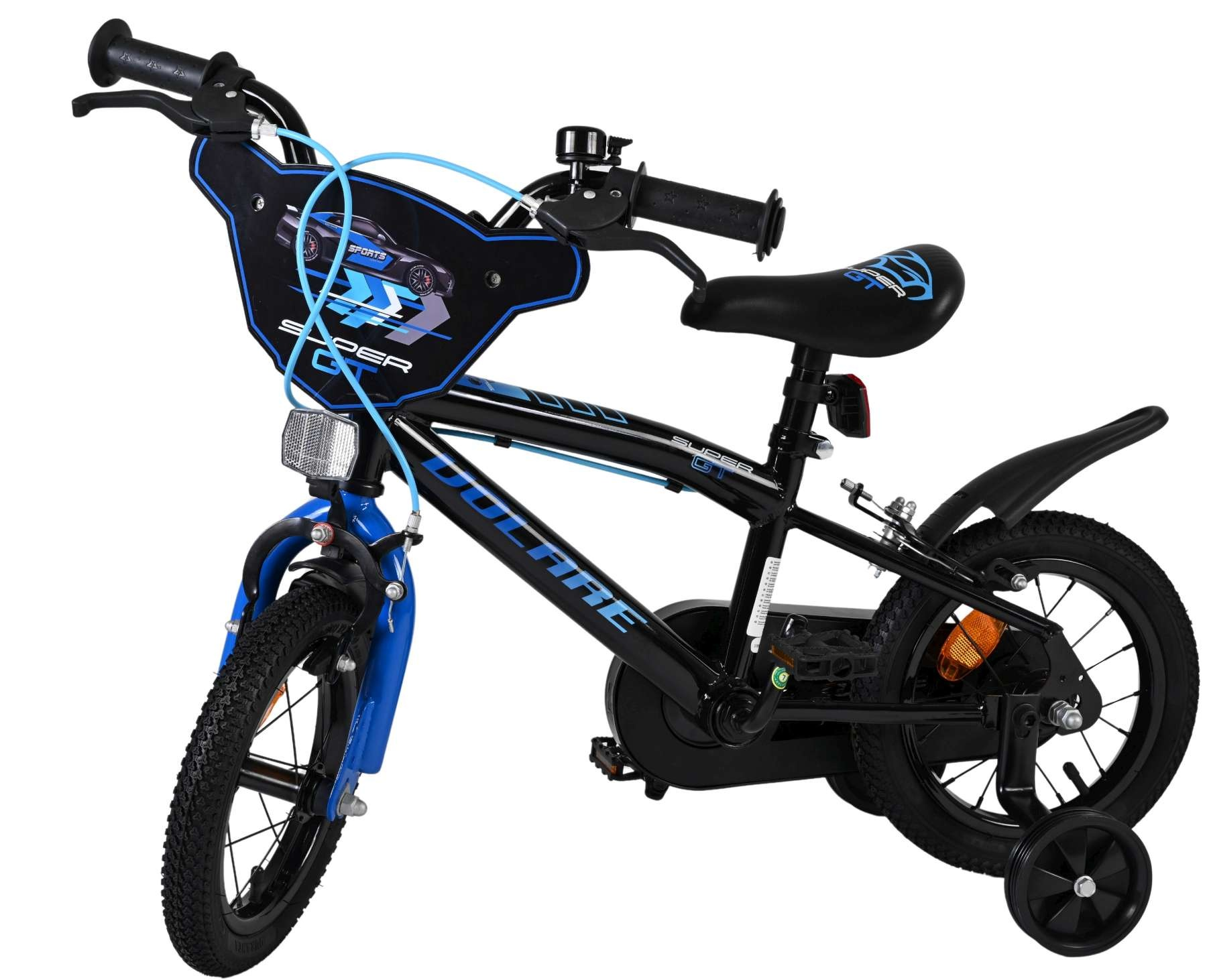 Ein schwarzes und blaues Kinderfahrrad mit Stützrädern und einem Rennwagen-Aufkleber.