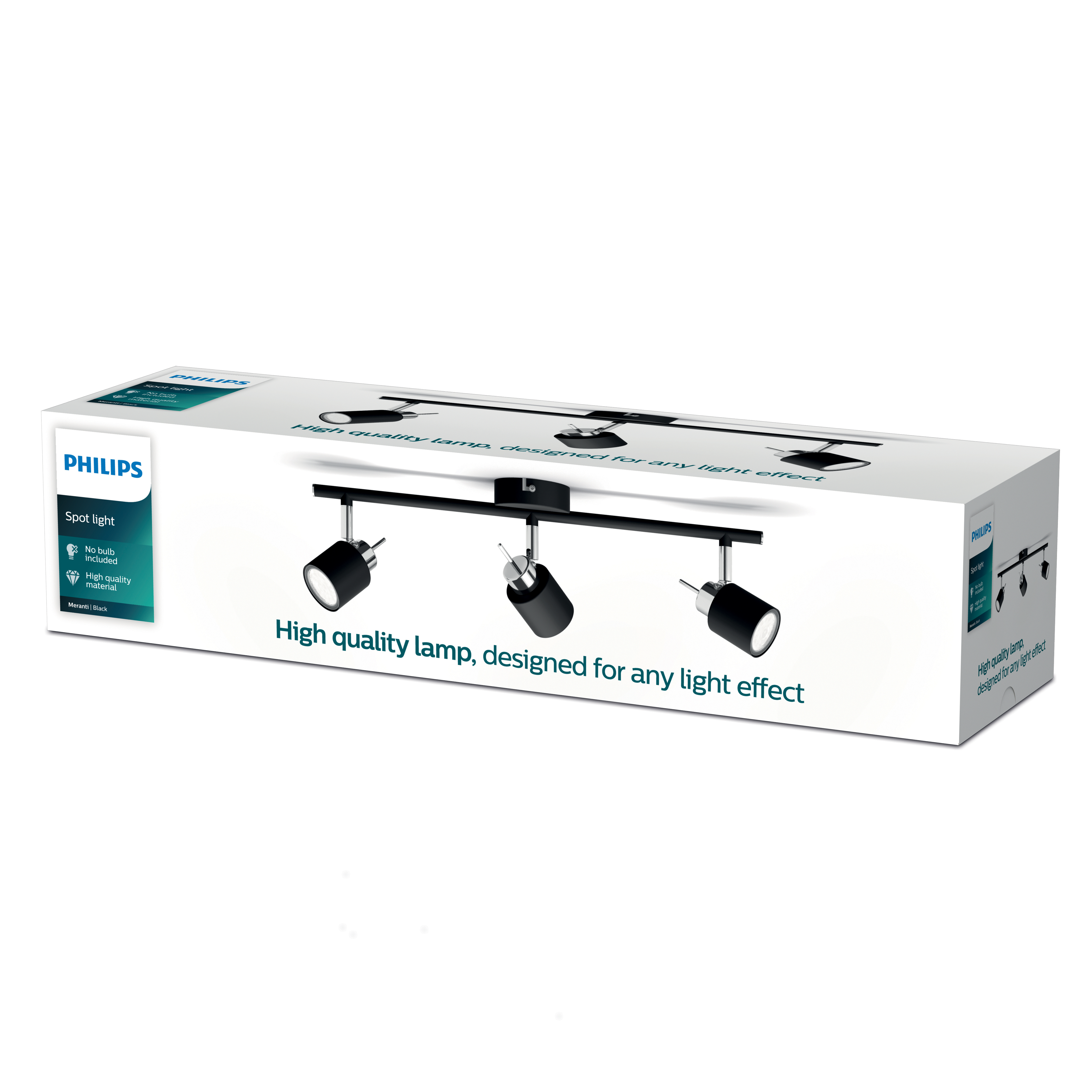 Verpackung eines schwarzen Philips Spots mit drei Lampenköpfen.
