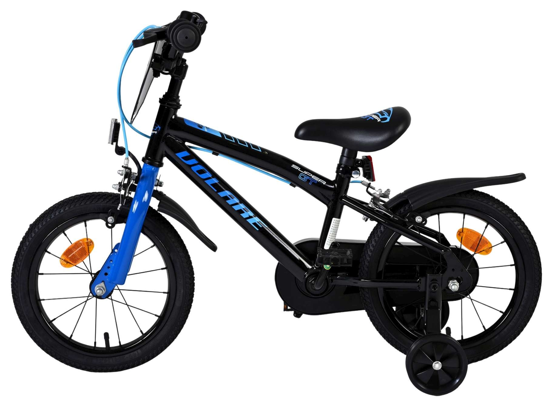 Ein schwarzes Kinderfahrrad mit blauen Akzenten und Stützrädern.