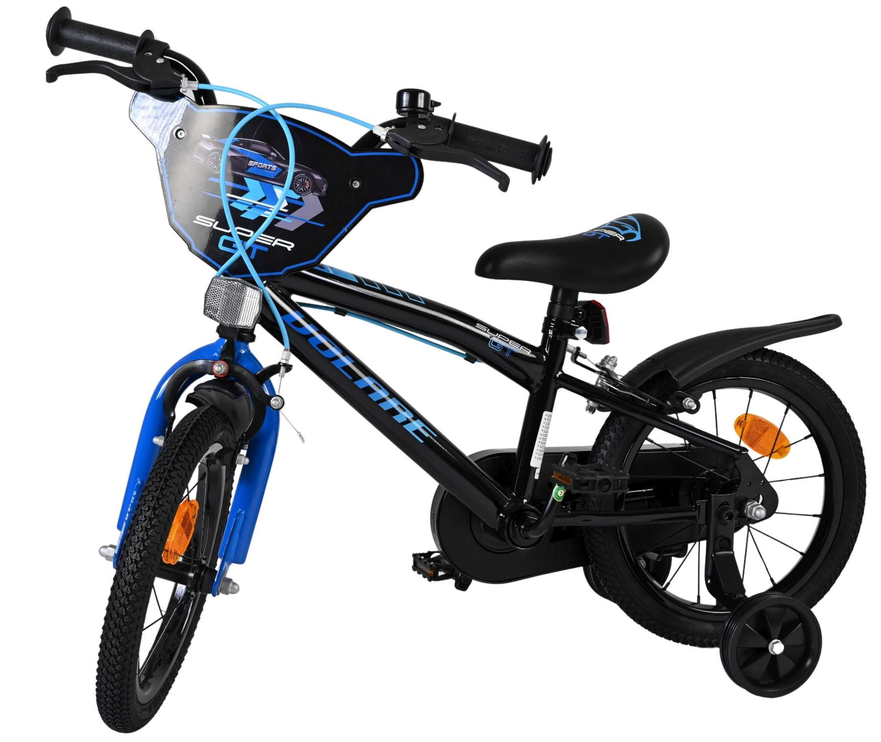 Ein schwarzes und blaues Kinderfahrrad mit Stützrädern und Windabweiser.