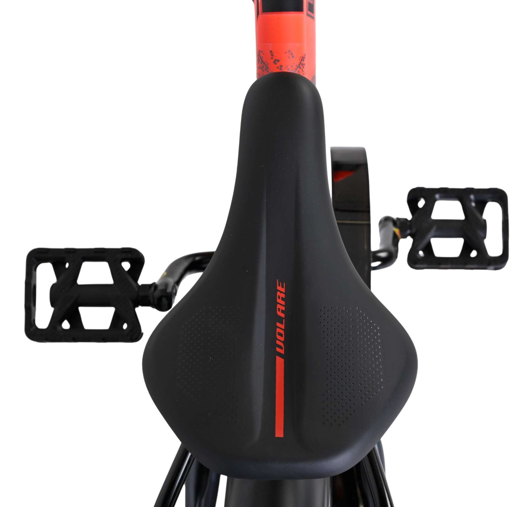 Schwarzer Fahrradsattel mit rotem Streifen und Aufschrift 'VOLARE'.