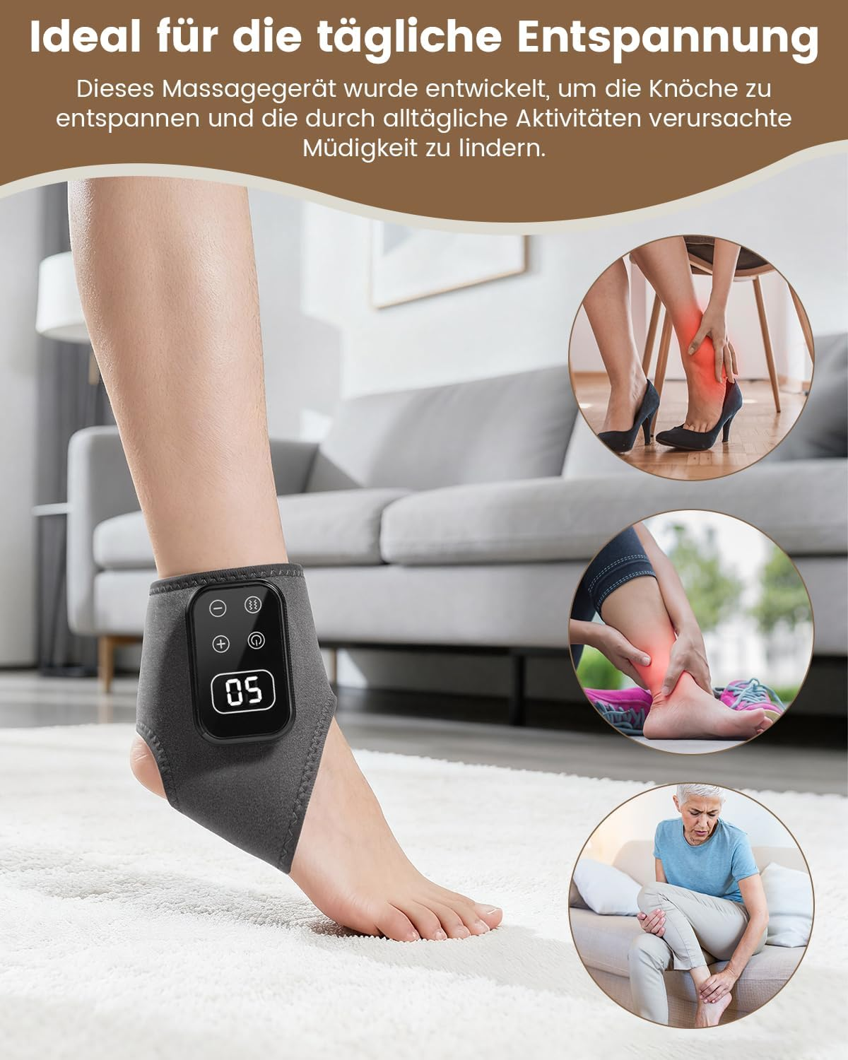 Fußgelenkmassagegerät mit Digitalanzeige am Fußgelenk einer Person, mit Nahaufnahmen von Fußschmerzen.