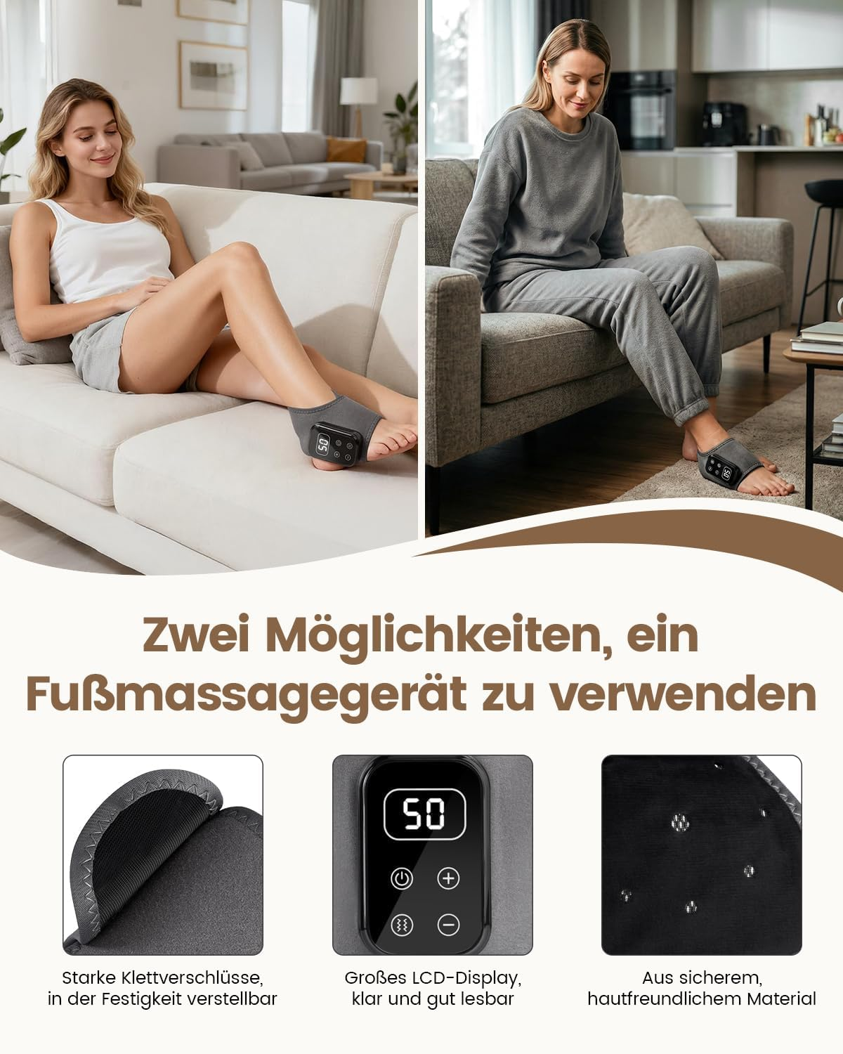 Frauen nutzen Fußmassagegeräte auf Sofas. Details zeigen Klettverschluss, LCD-Display und Material.