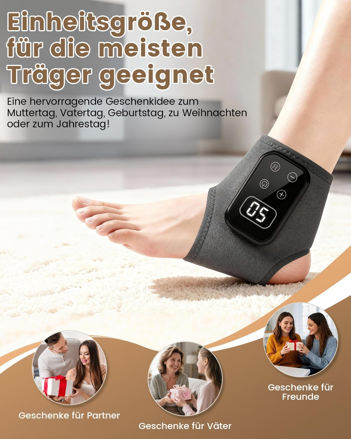 Der Knöchel einer Person trägt eine graue Bandage mit Digitalanzeige '05'.
