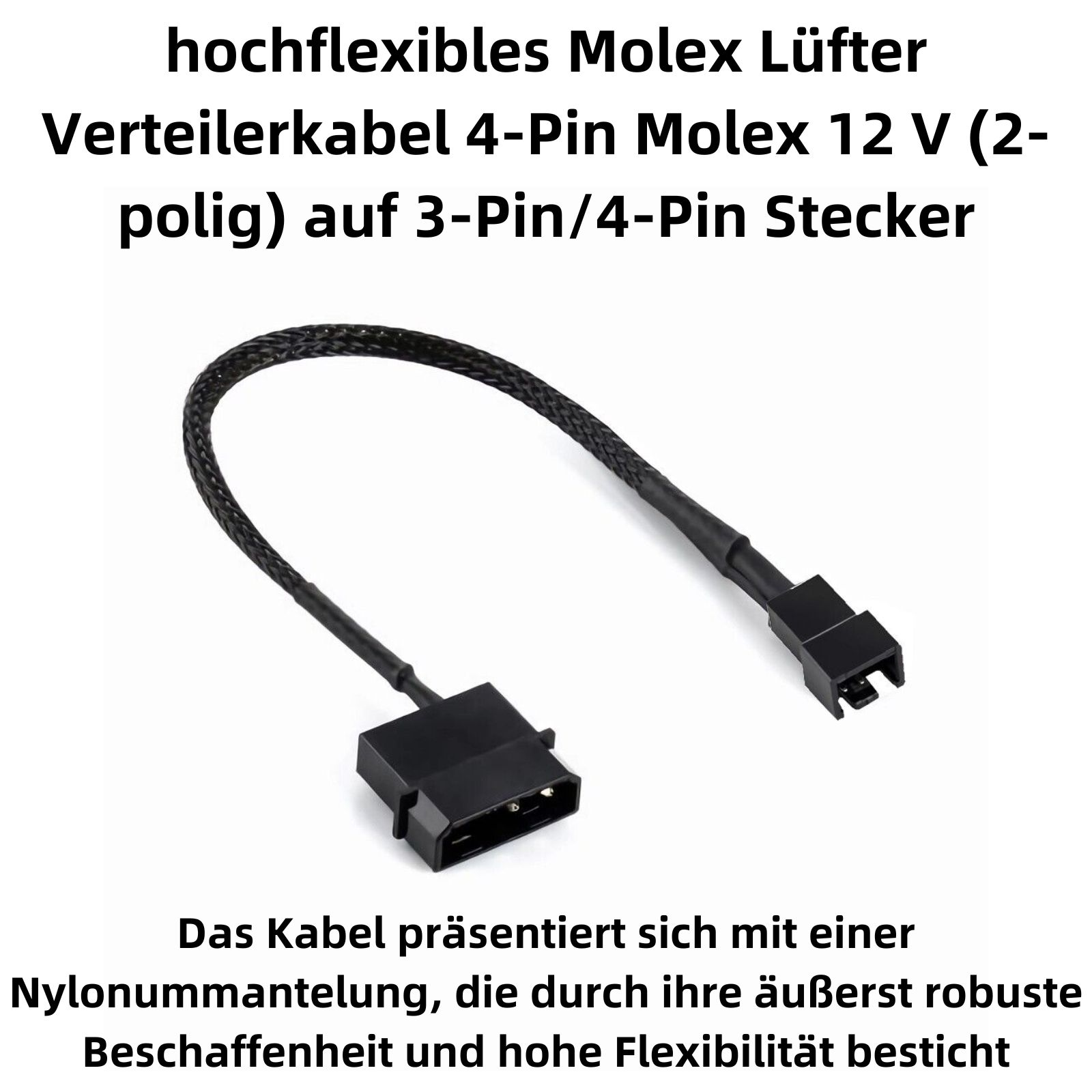 Schwarzes, flexibles Kabel mit 4-Pin Molex auf 3/4-Pin Stecker.