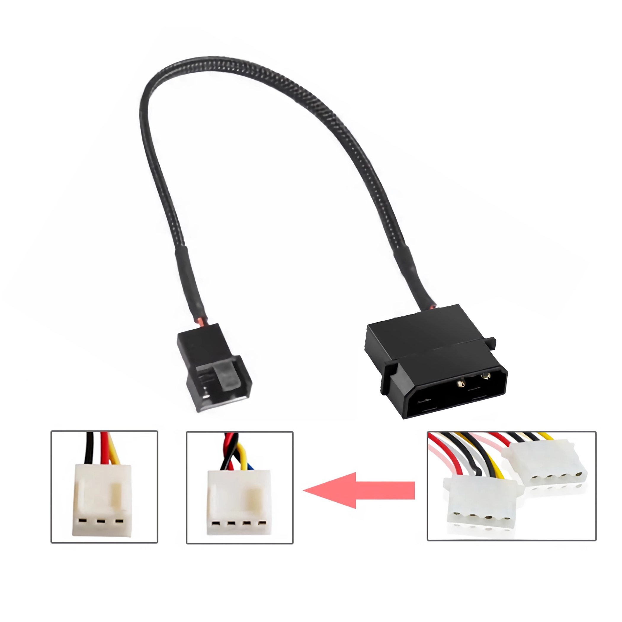 Ein schwarzes Kabel mit zwei Anschlüssen, ein 4-Pin und ein 3-Pin.