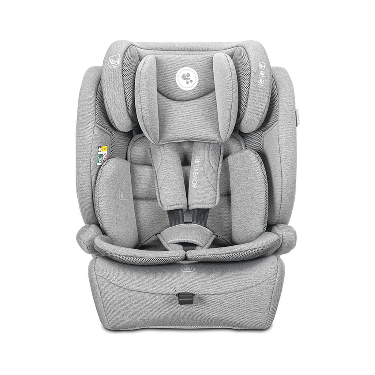 Ein grauer Kindersitz mit Kopfstütze und Gurten.
