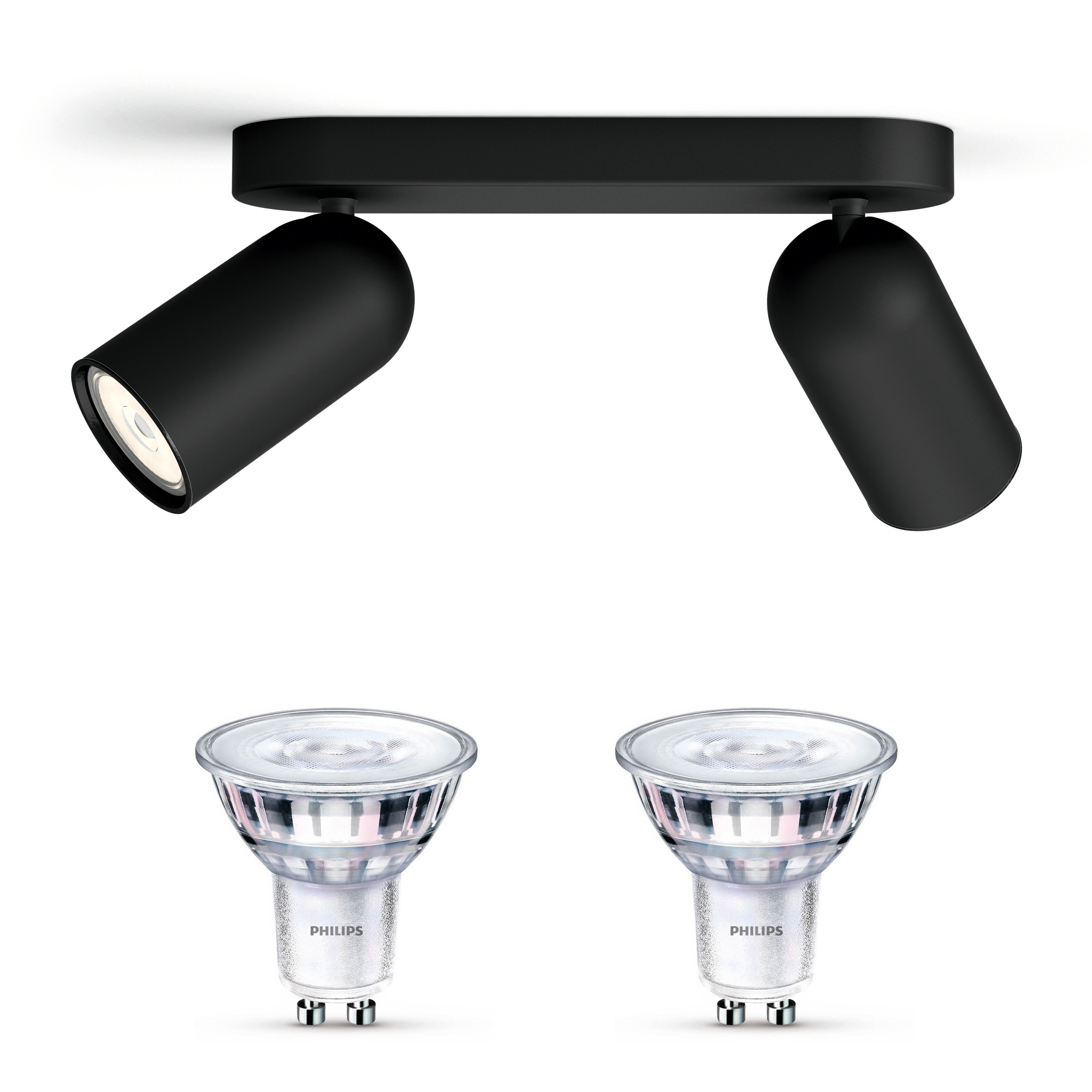Schwarzer Deckenstrahler mit zwei verstellbaren Köpfen und zwei GU10 LED-Lampen.