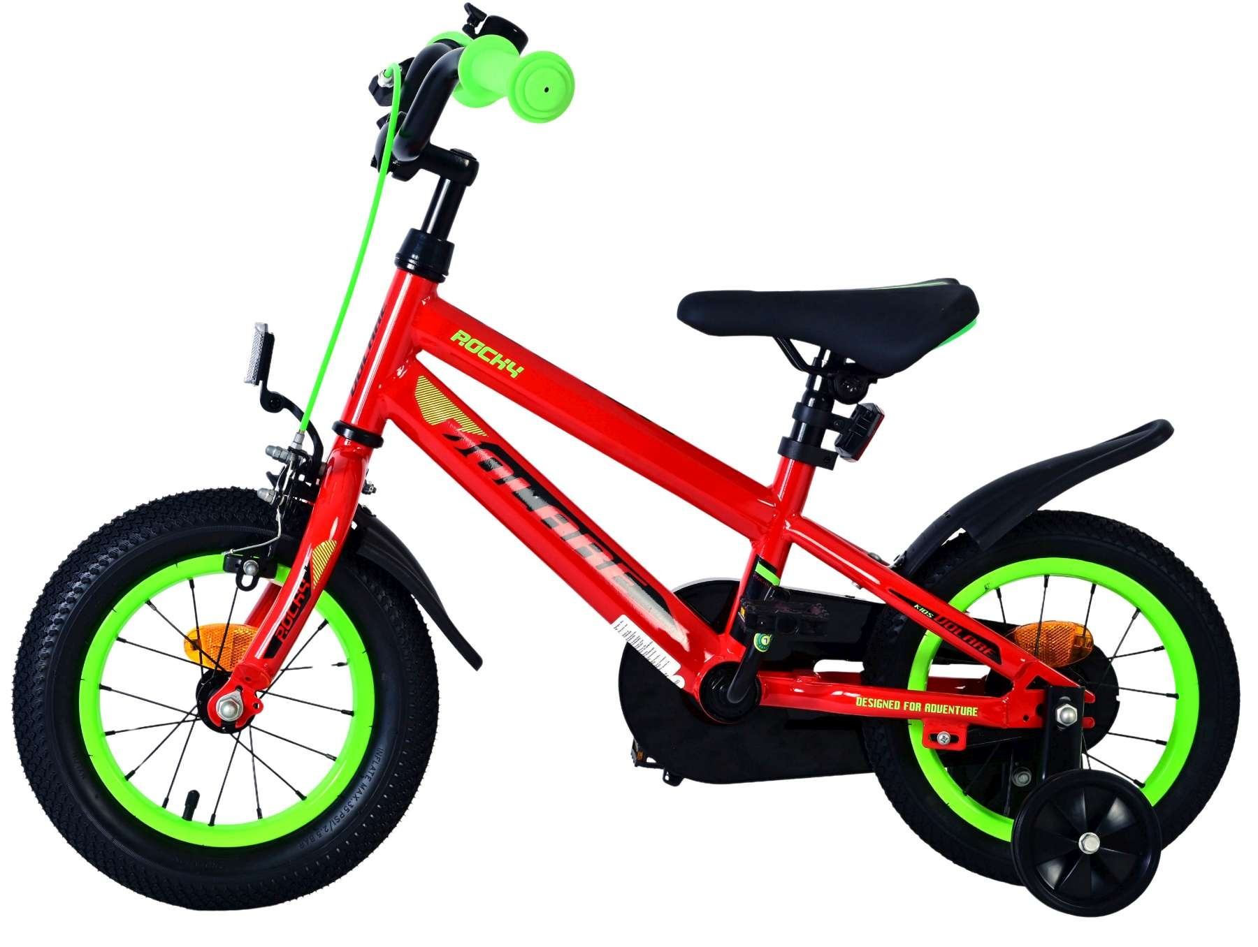 Ein rotes Kinderfahrrad mit neongrünen Felgen, Griffen und Akzenten.