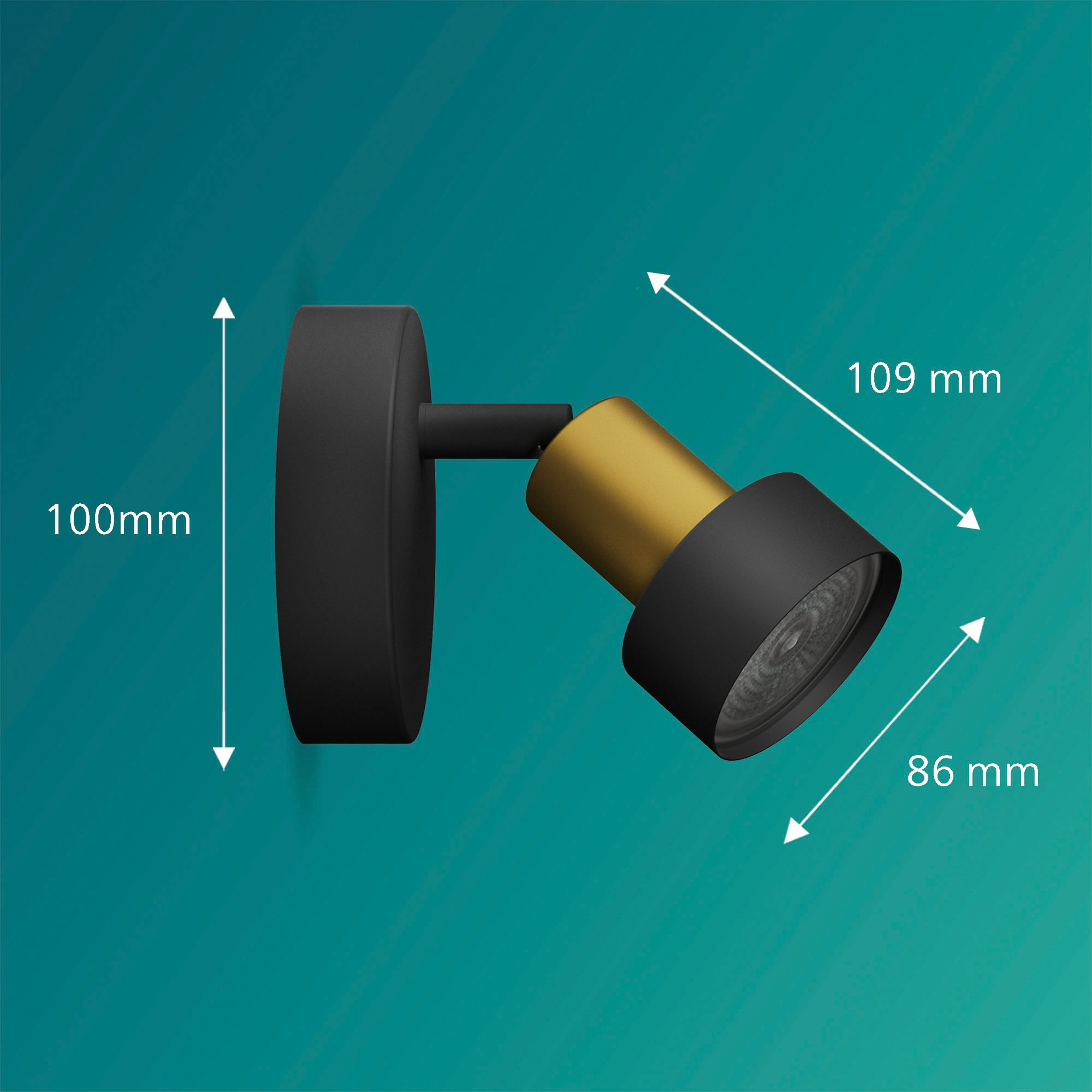 Schwarzer Wandstrahler mit goldenem Akzent. Maße: 100mm, 109mm, 86mm.