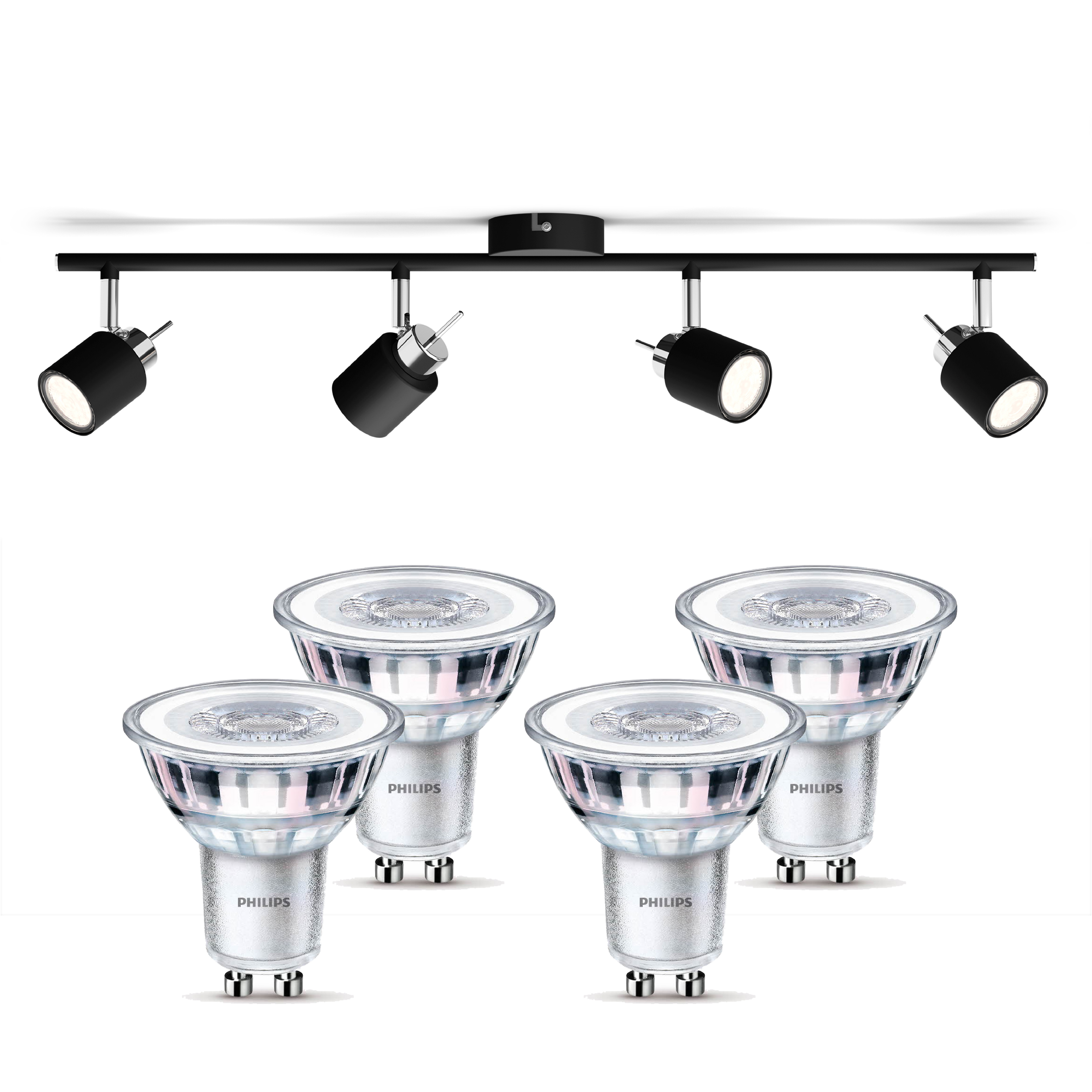 Schwarze Schienenleuchte mit vier verstellbaren Spots und vier Philips LED-Lampen.