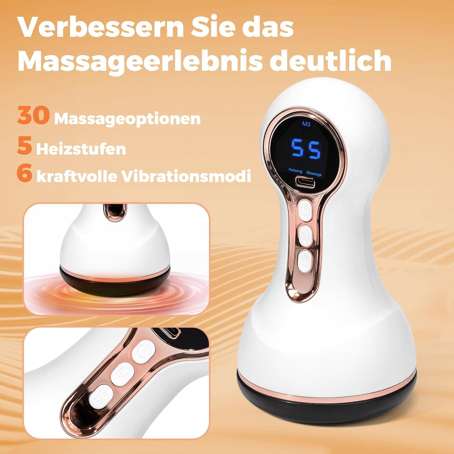 Ein weißes Massagegerät mit digitaler Anzeige zeigt 55 an. Es gibt 30 Optionen, 5 Heizstufen.