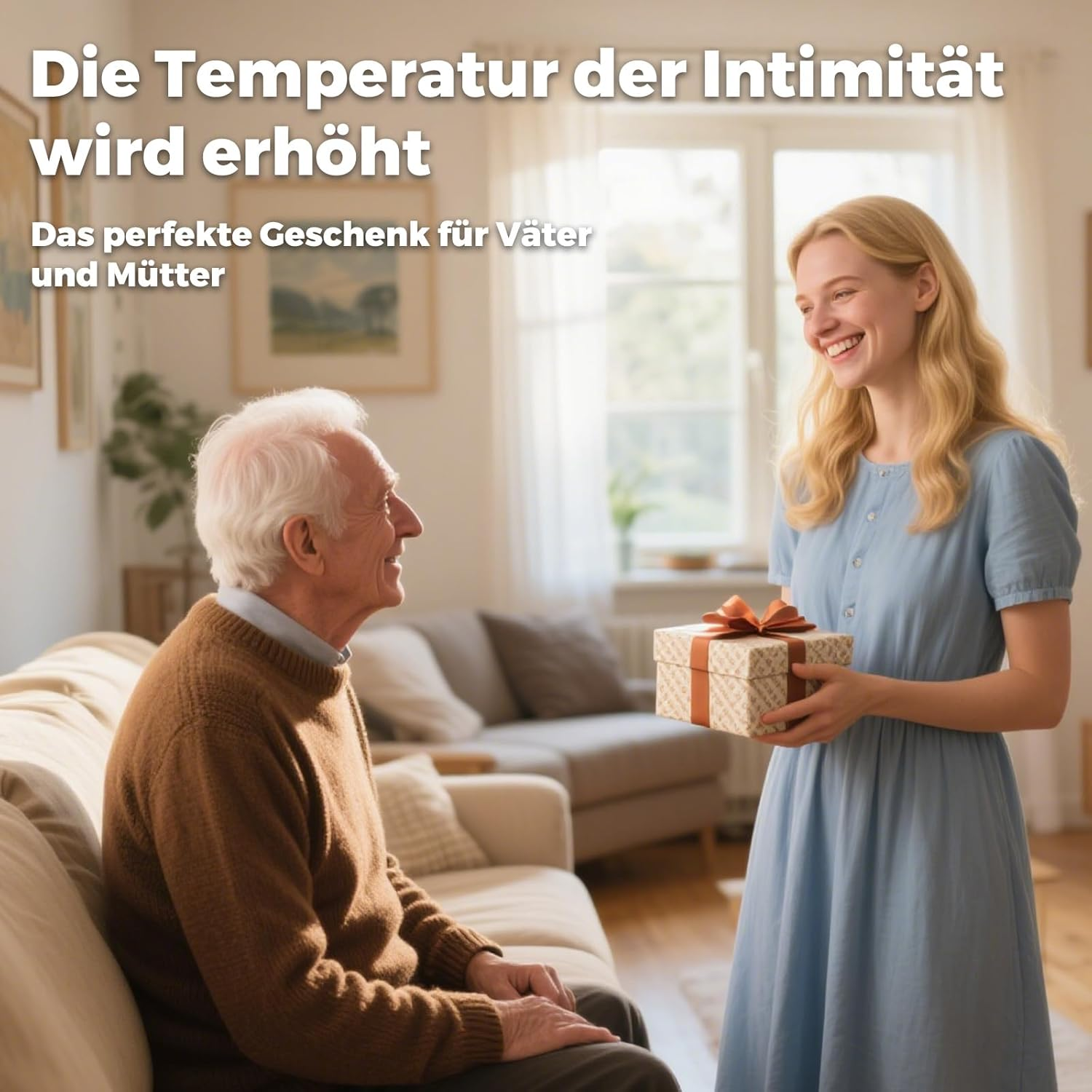 Eine junge Frau gibt einem älteren Mann ein Geschenk.