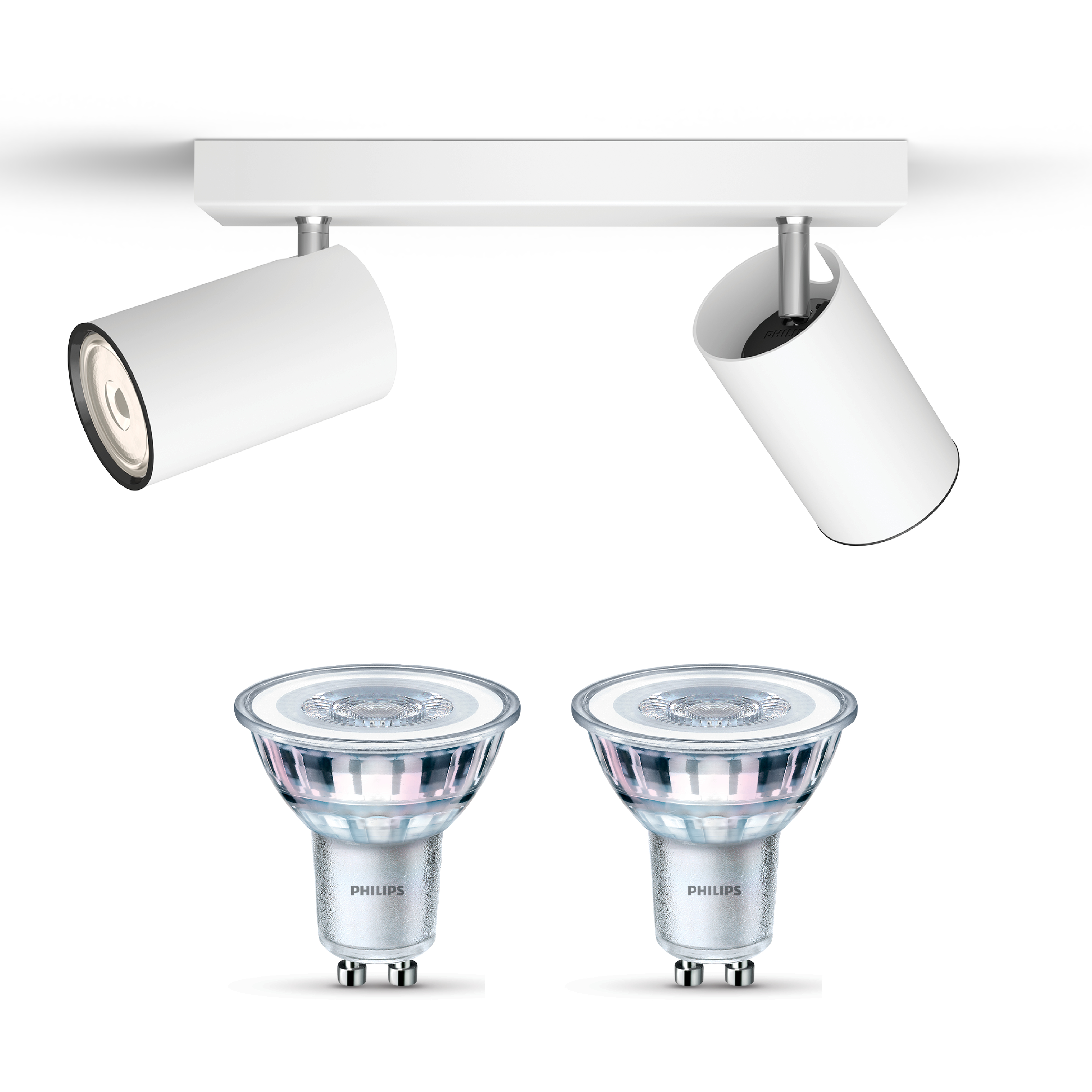Zwei weiße Spotlights auf einer Schiene mit zwei darunter liegenden Philips-Leuchtmitteln.
